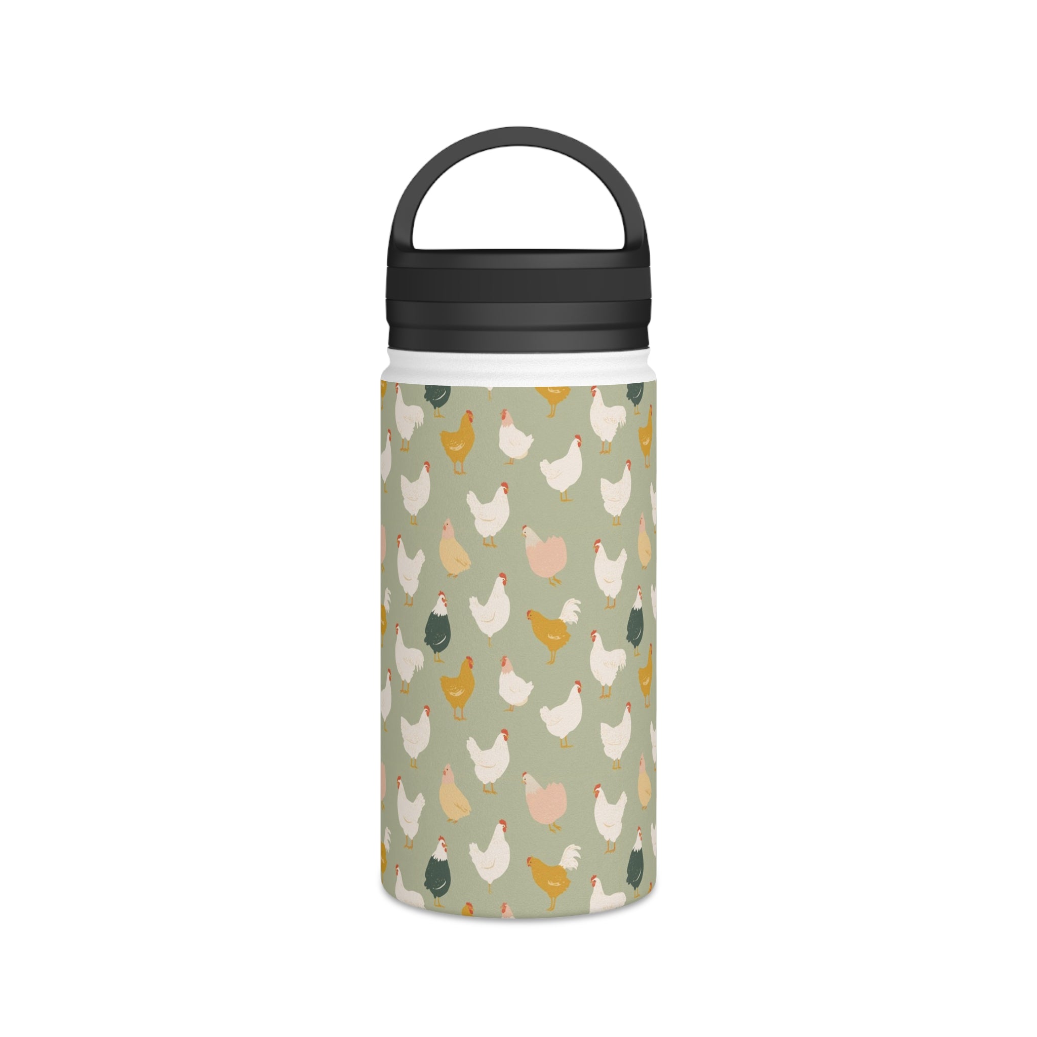 Chicken Life - Stainless Steel Water Bottle, Handle Lid White 12oz Stainless Steel Water Bottle With Handle Lid animal Globally Fulfilled