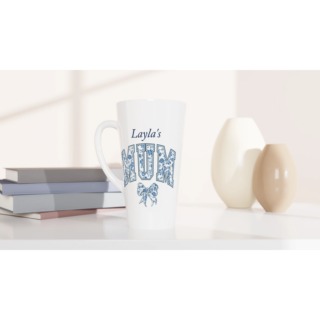 Personalise - Mum, Blue Floral - White Latte 17oz Ceramic Mug Personalised Latte Mug customise Globally Fulfilled Mum Name