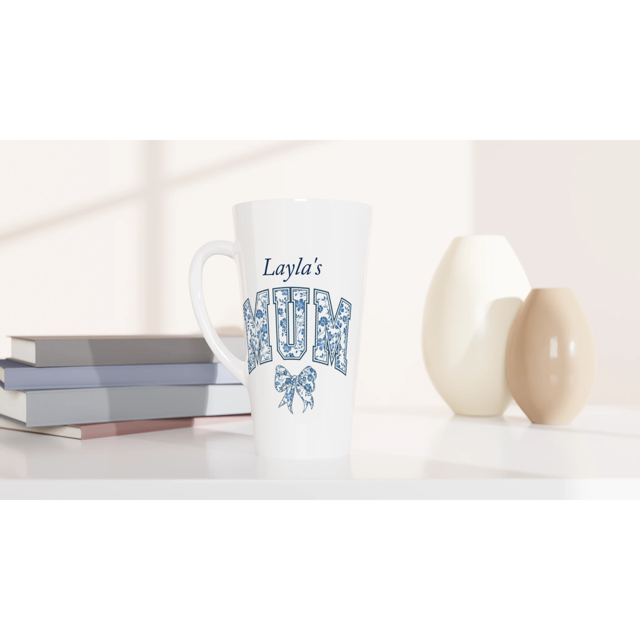 Personalise - Mum, Blue Floral - White Latte 17oz Ceramic Mug Personalised Latte Mug customise Globally Fulfilled Mum Name