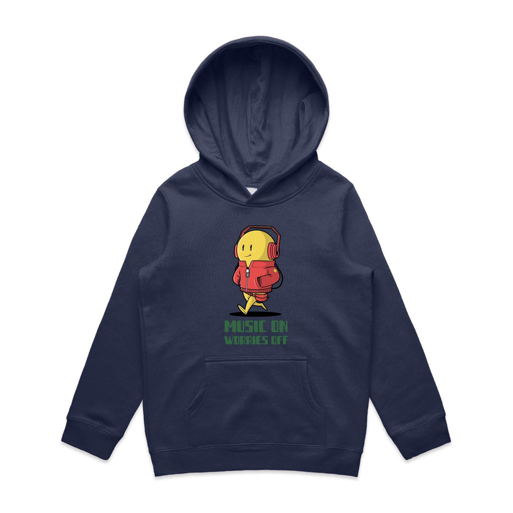 Music On, Worries Off - Kids Hoodie Midnight Blue Kids Hoodie Printed In Australia