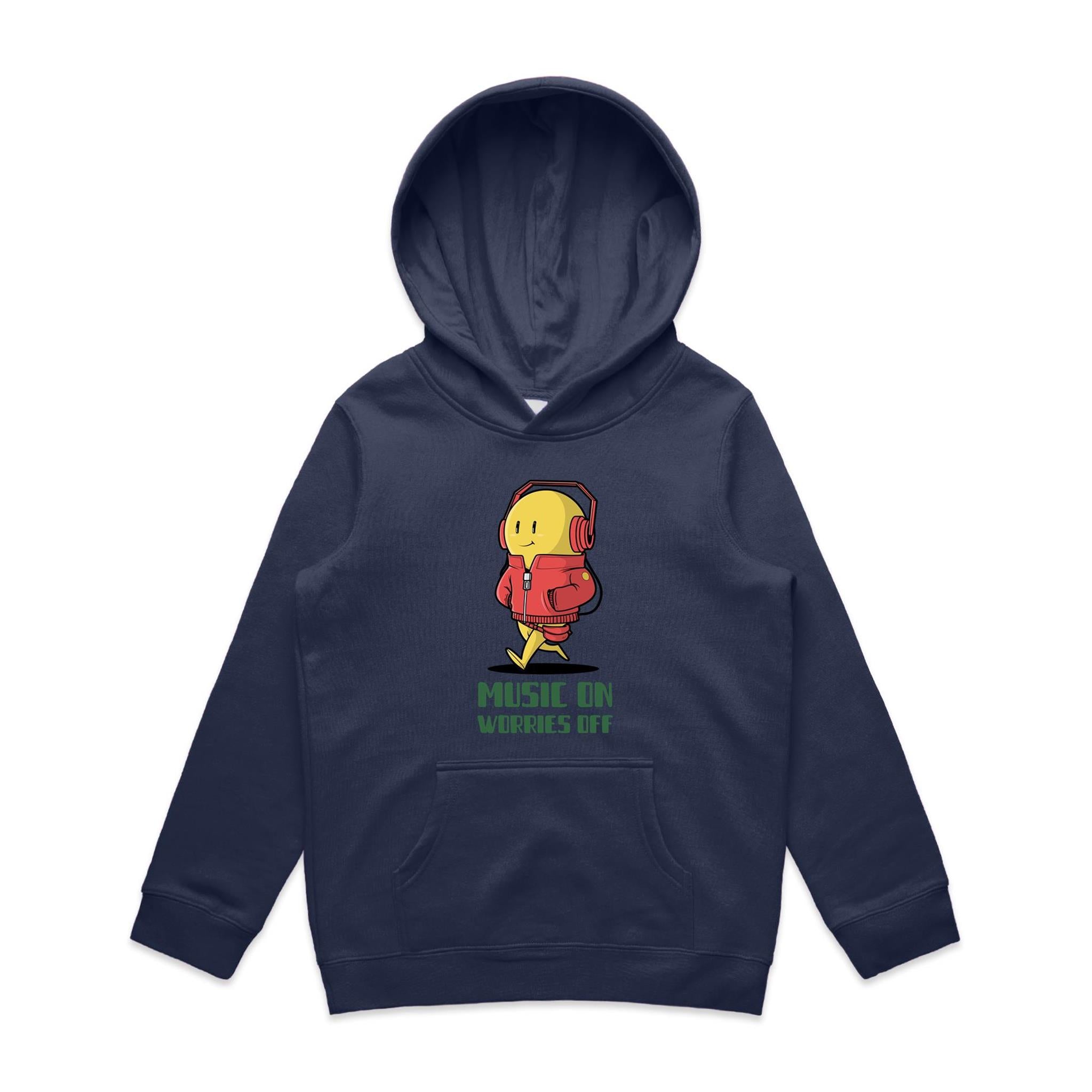 Music On, Worries Off - Kids Hoodie Midnight Blue Kids Hoodie Printed In Australia
