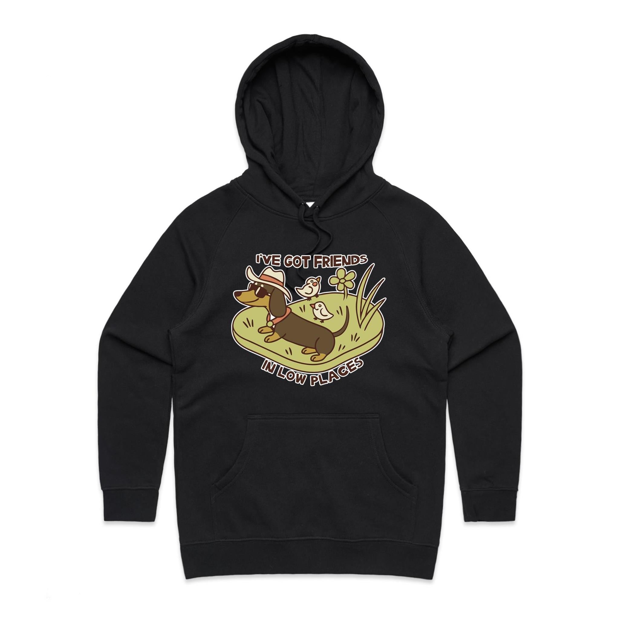 Dachshund, I've Got Friends In Low Places Women's AS Colour Hoodie Black Womens Hoodie animal Printed In Australia