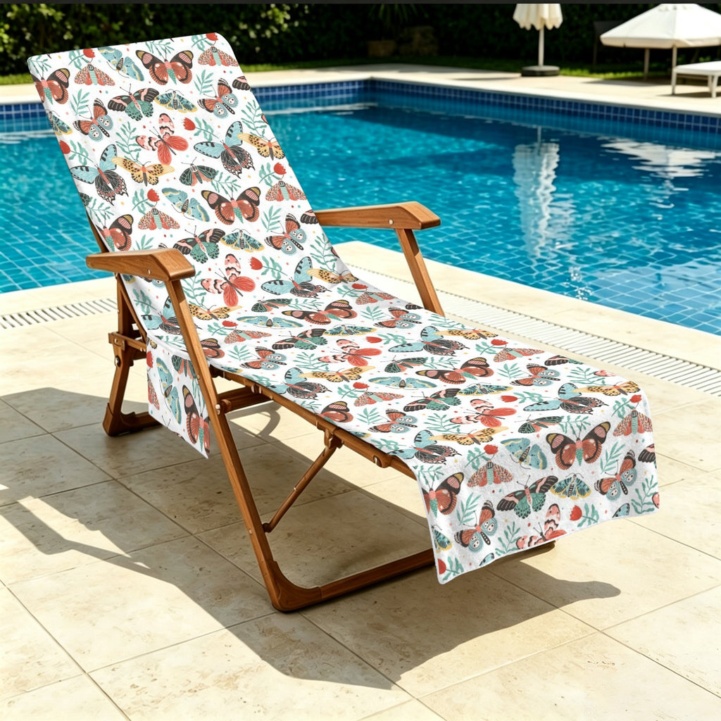 Pretty Moths And Butterflies Beach Chair Towel Cover with Side Pockets