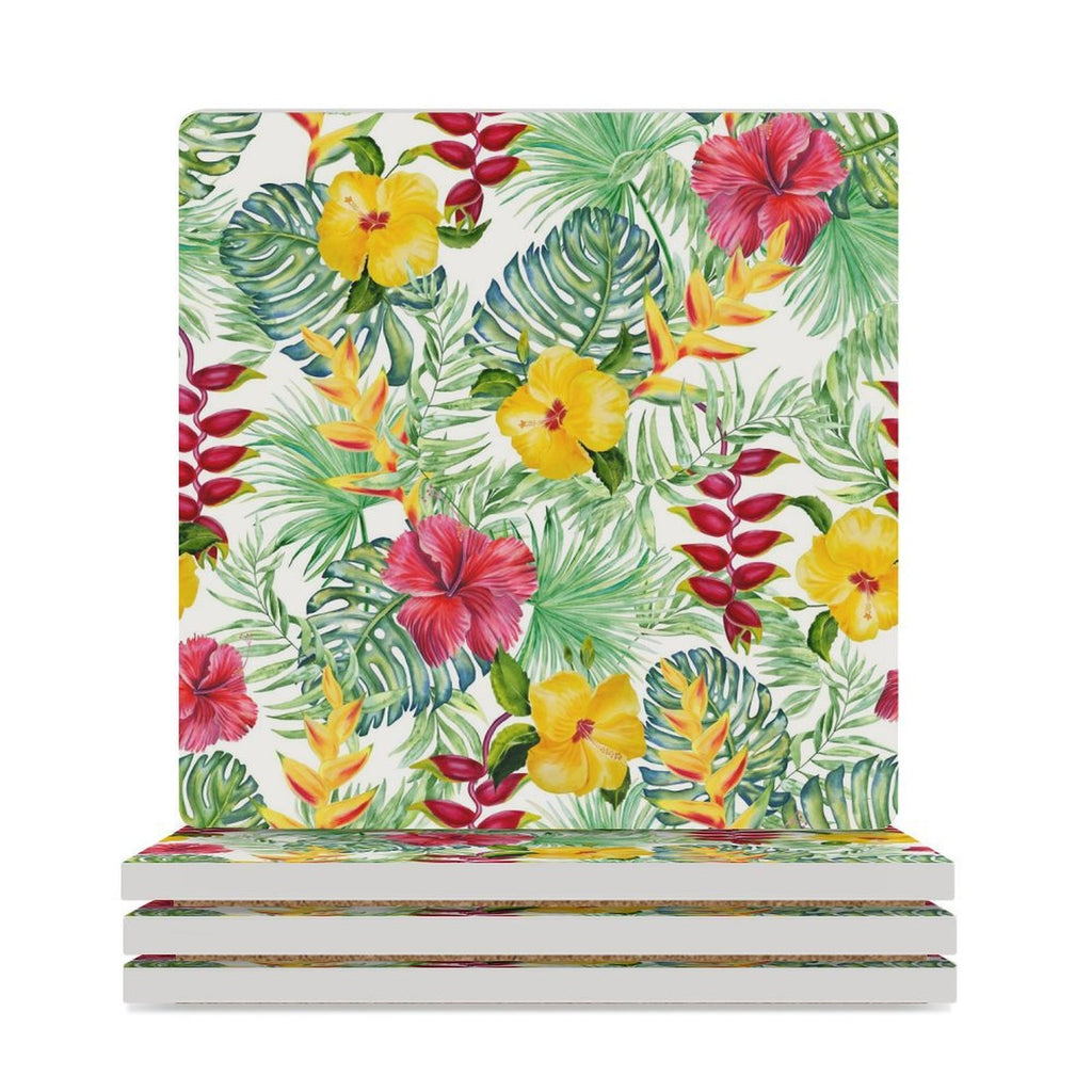 Tropical Flowers Ceramic Coasters (Square) white Ceramic Coasters Plants Printed Offshore