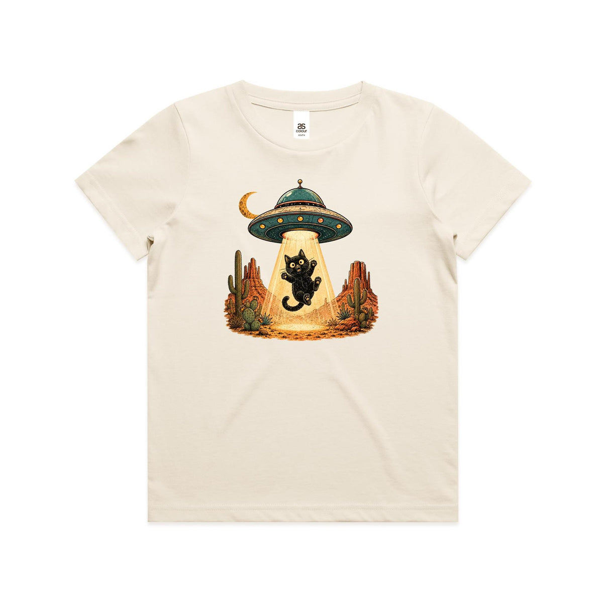 Black Cat Alien UFO Abduction Kids AS Colour T-shirt