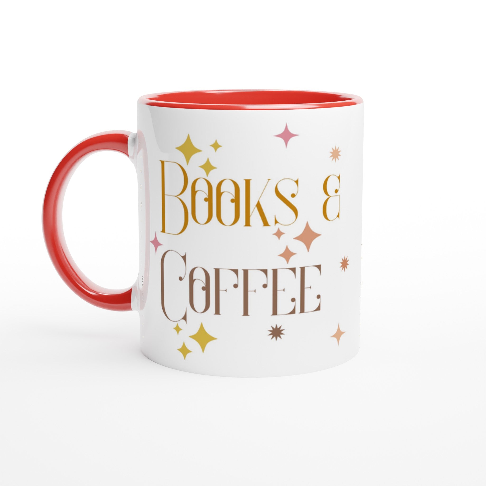 Books And Coffee - White 11oz Ceramic Mug with Colour Inside Ceramic Red Colour 11oz Mug Coffee Globally Fulfilled Reading