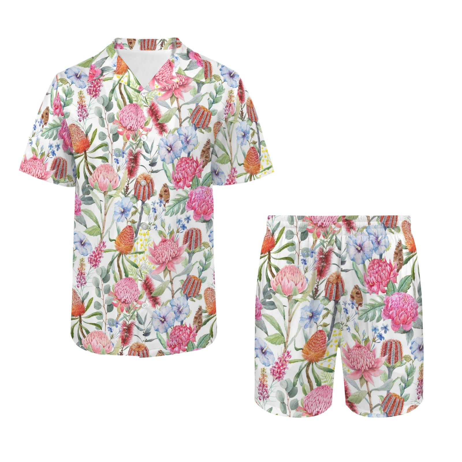 Australian Flowers Men's Hawaiian Shirt & Shorts Set Men's Hawaiian Shirt & Shorts Set Plants Printed Offshore