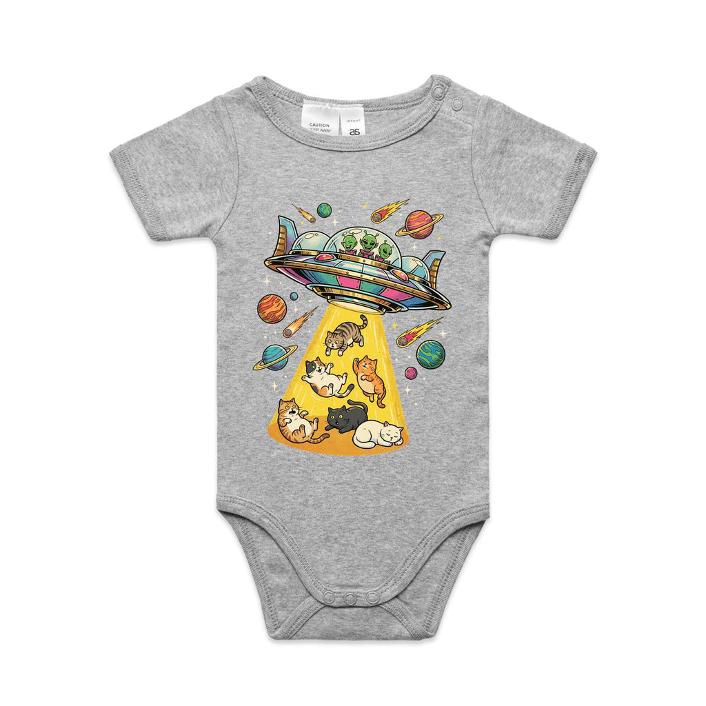 UFO Cat Abduction AS Colour Baby Bodysuit Grey Marle Baby Bodysuit animal Printed In Australia Sci Fi