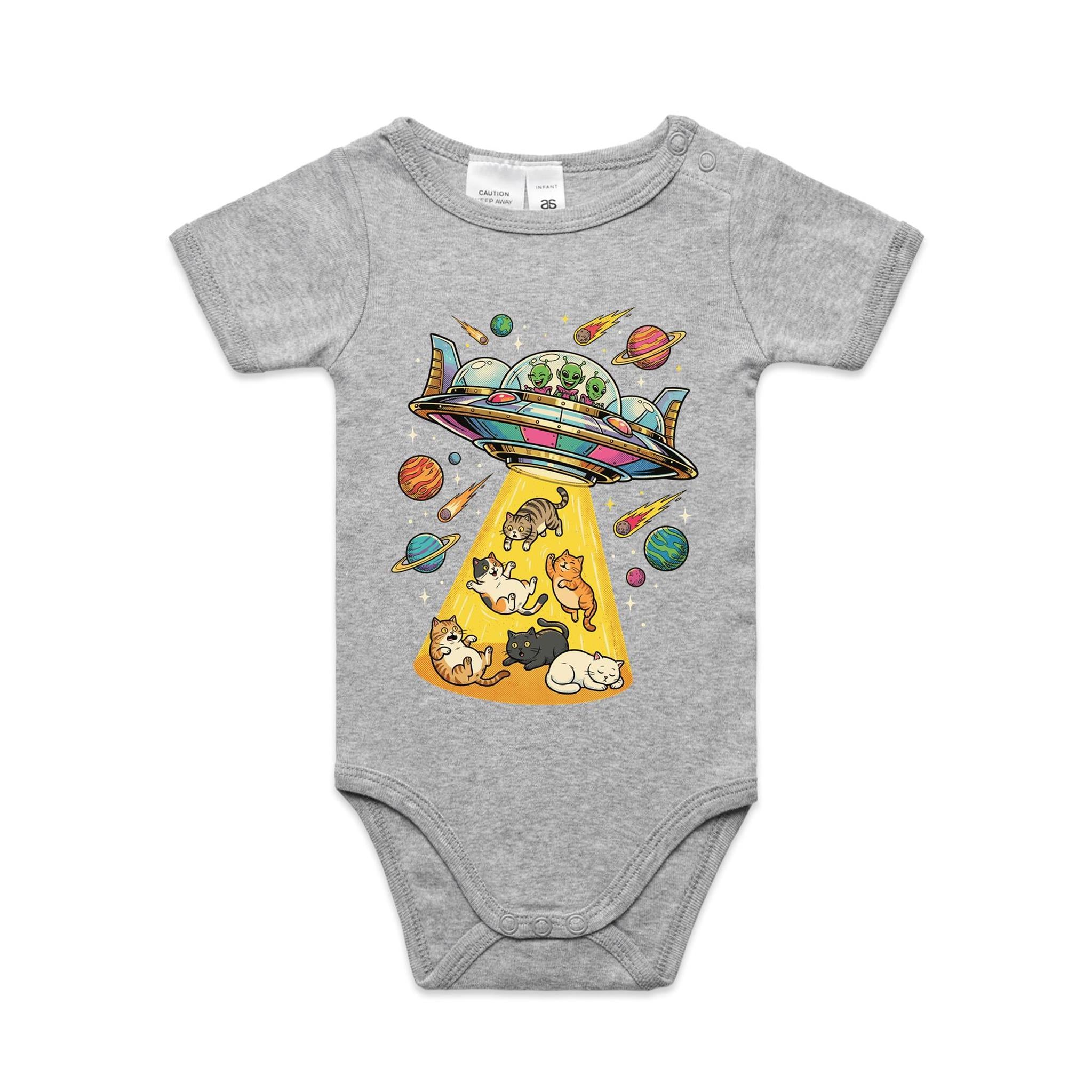 UFO Cat Abduction - AS Colour Baby Bodysuit Grey Marle Baby Bodysuit animal Printed In Australia Sci Fi