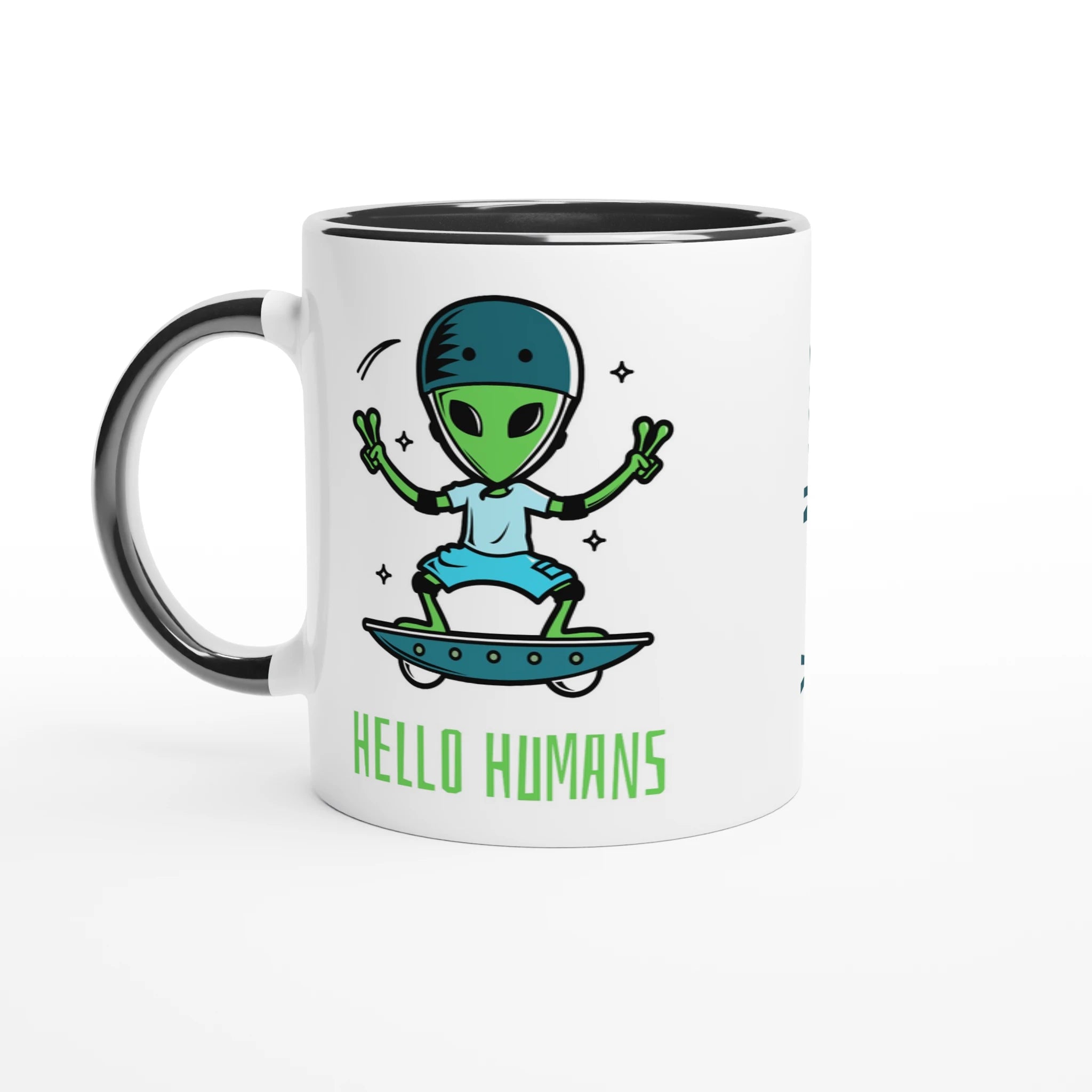 Personalised - Hello Humans - White 11oz Ceramic Mug with Colour Inside Ceramic Black Personalised 11oz Mug customise Globally Fulfilled personalise Sci Fi