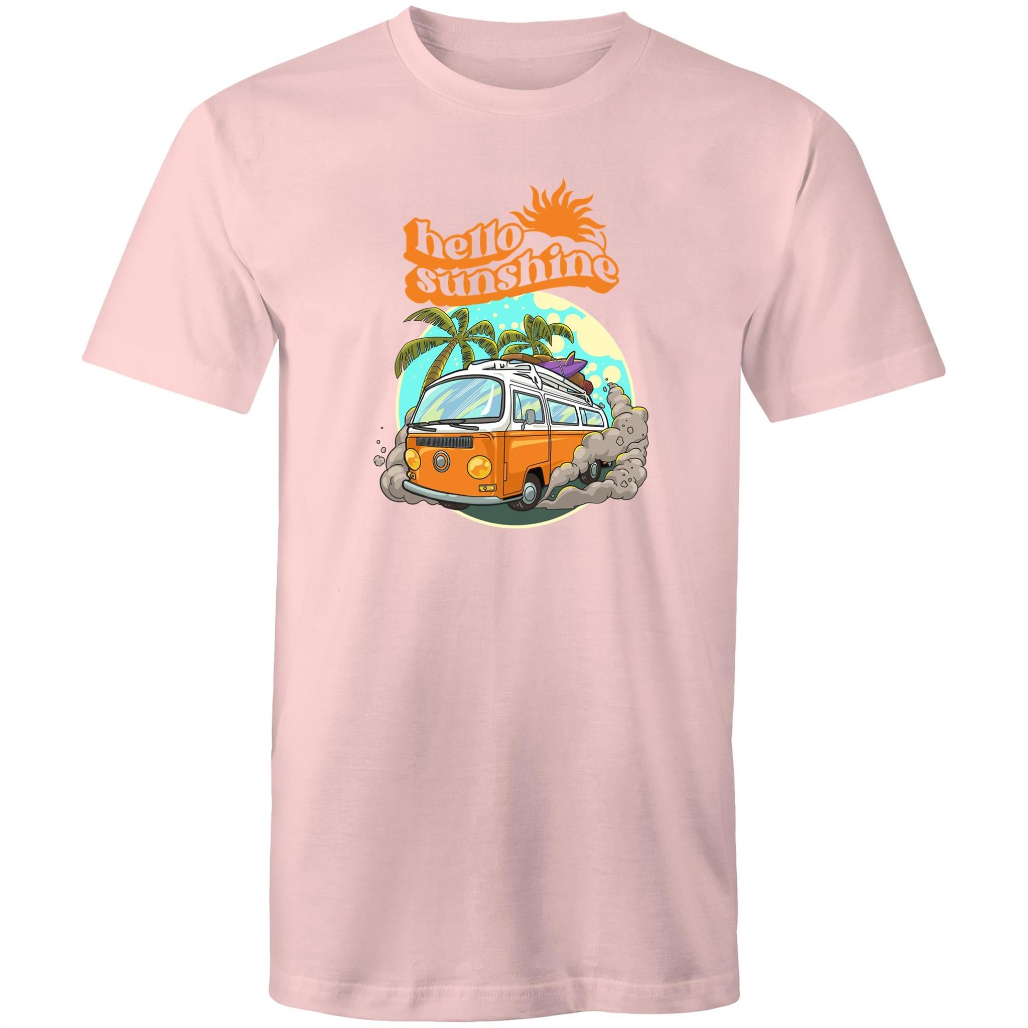 Hello Sunshine, Beach Van - Mens T-Shirt Pink Mens T-shirt Printed In Australia Summer Surf
