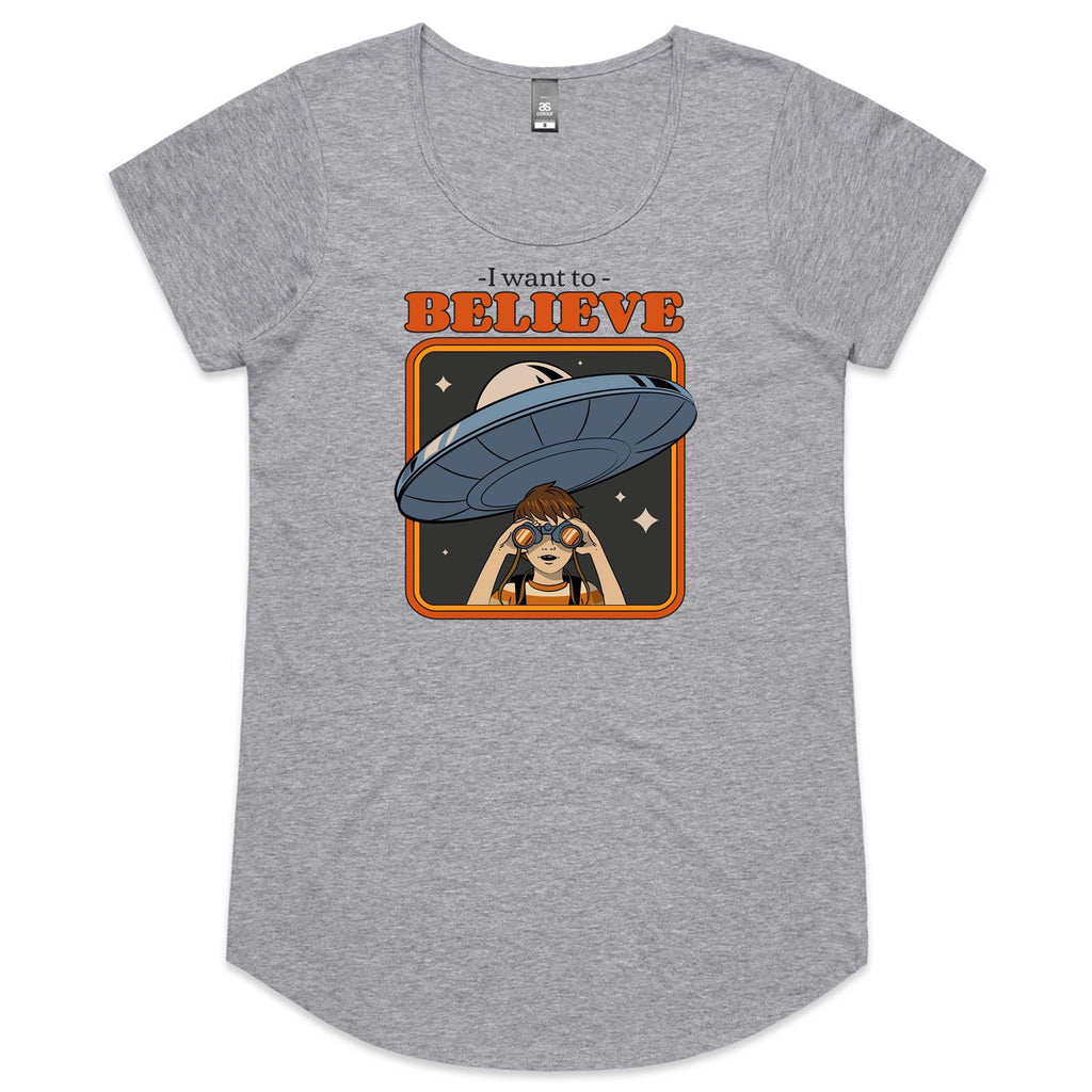 I Want To Believe, UFO - Womens Scoop Neck T-Shirt Grey Marle Womens Scoop Neck T-shirt Printed In Australia Sci Fi