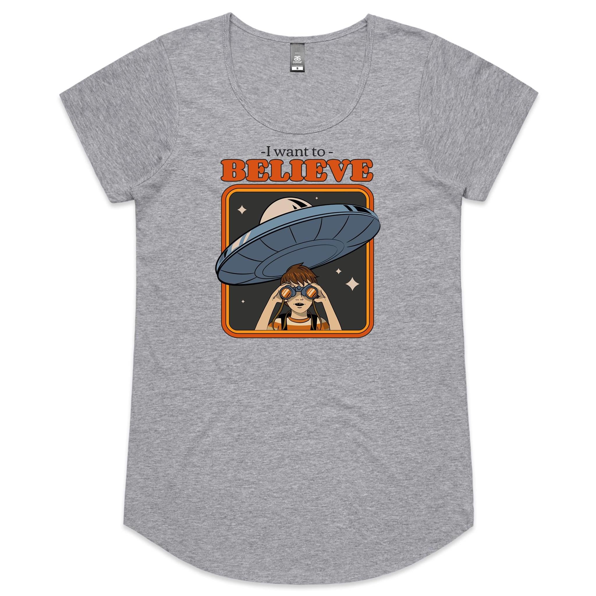 I Want To Believe, UFO - Womens Scoop Neck T-Shirt Grey Marle Womens Scoop Neck T-shirt Printed In Australia Sci Fi