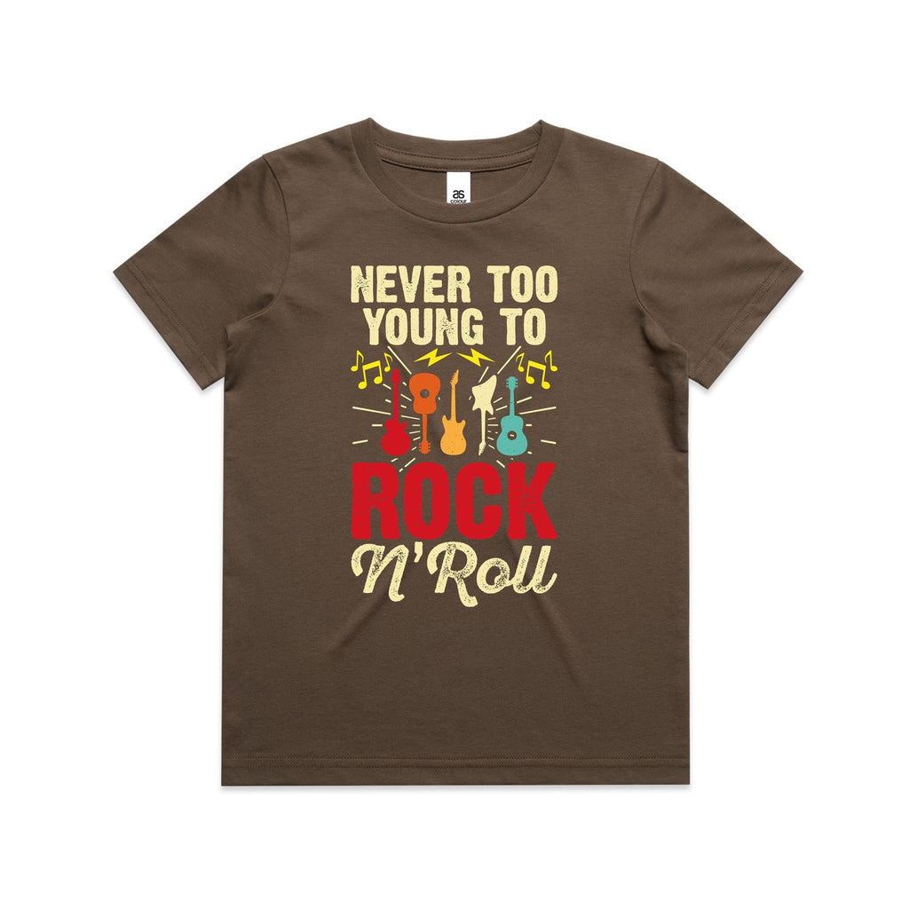 Never Too Young To Rock N Roll Kid's AS Colour T-shirt Walnut Kids Youth T-shirt Music Printed In Australia