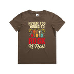 Never Too Young To Rock N Roll Kid's AS Colour T-shirt Walnut Kids Youth T-shirt Music Printed In Australia
