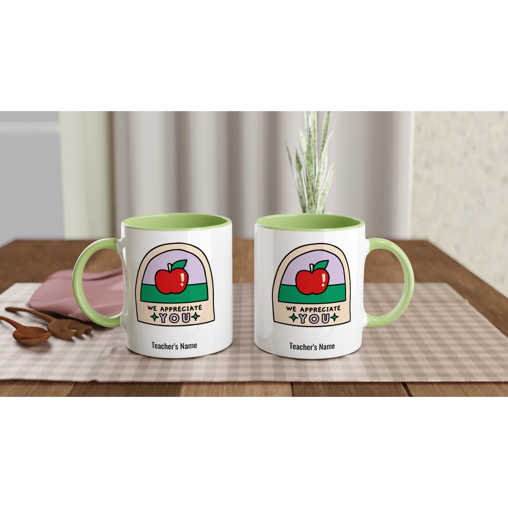 Personalise - We Appreciate You, Teacher, Apple - White 11oz Ceramic Mug with Colour Inside Personalised 11oz Mug
