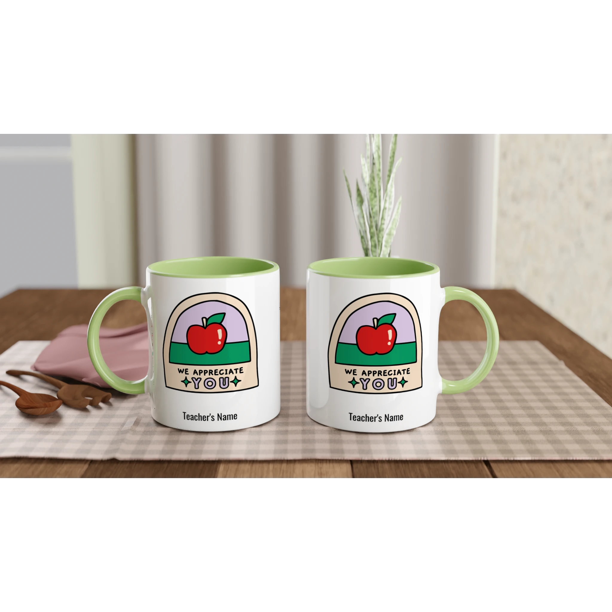 Personalise - We Appreciate You, Teacher, Apple - White 11oz Ceramic Mug with Colour Inside Personalised 11oz Mug