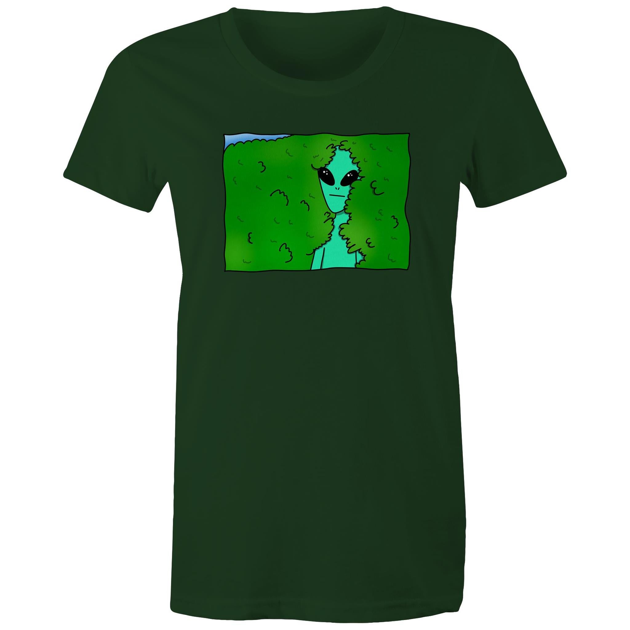 Alien Backing Into Hedge Meme - Womens T-shirt Forest Green Womens T-shirt Printed In Australia Sci Fi