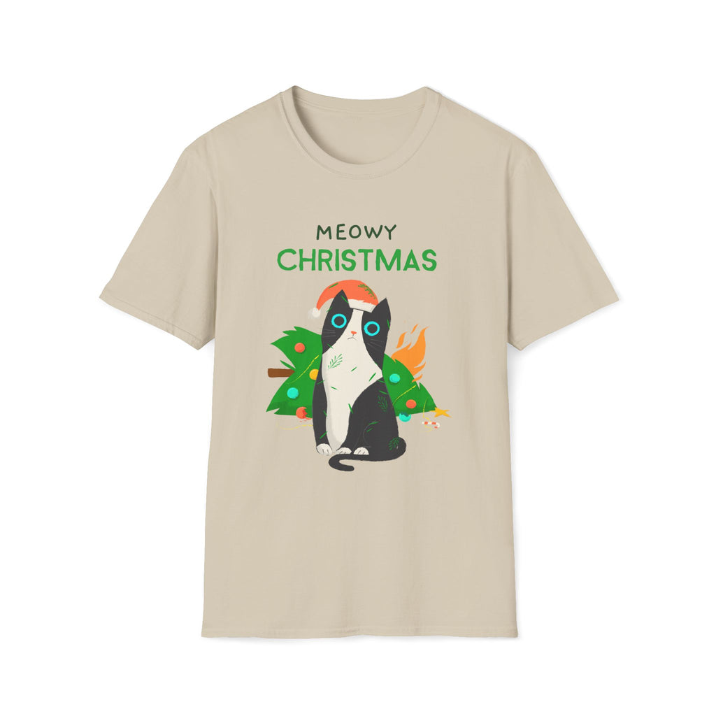 Meowy Christmas, Cat With Burning Christmas Tree - Unisex Softstyle T-Shirt