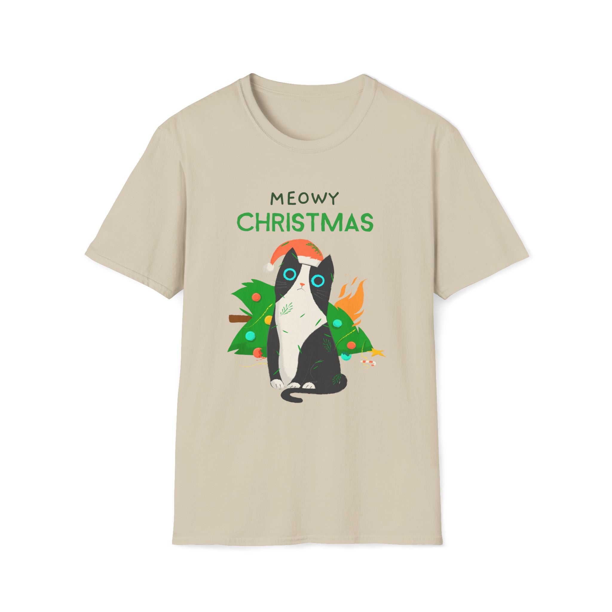 Meowy Christmas, Cat With Burning Christmas Tree - Unisex Softstyle T-Shirt