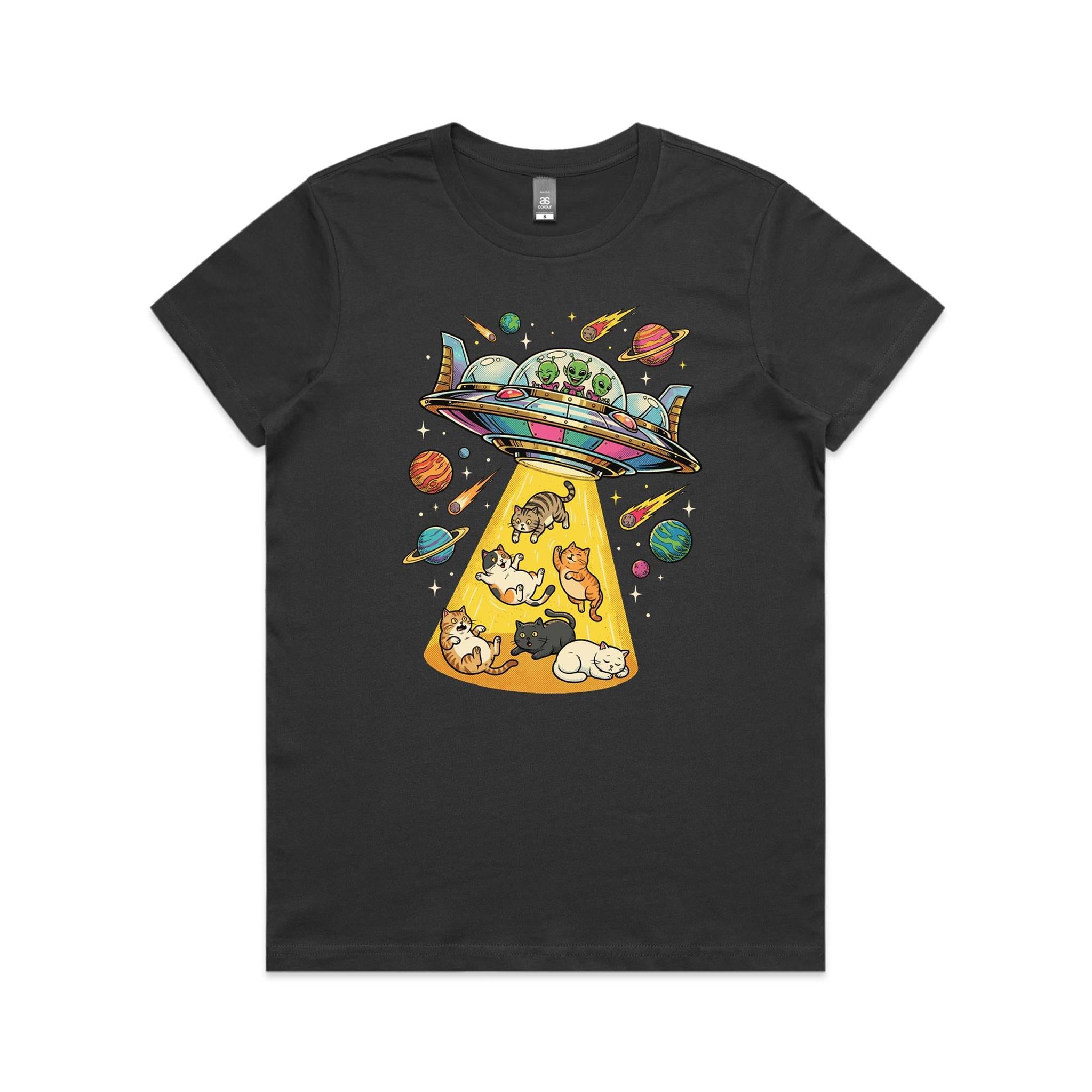 UFO Cat Abduction Women's AS Colour T-shirt Coal Womens T-shirt animal Printed In Australia Sci Fi