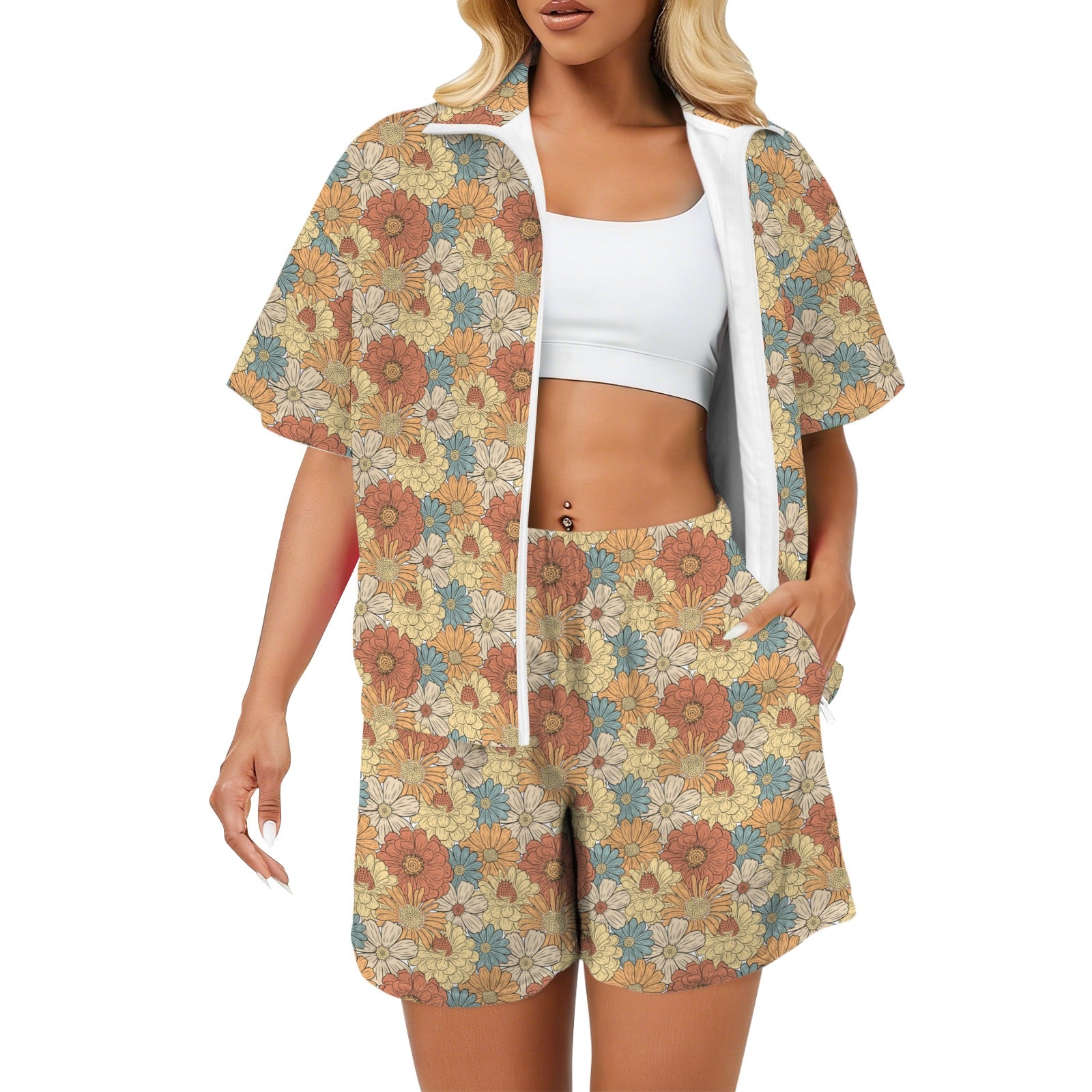 Vintage Retro Floral Women's Windbreaker Short Set 2XL Women's Windbreaker Short Set Plants Printed Offshore