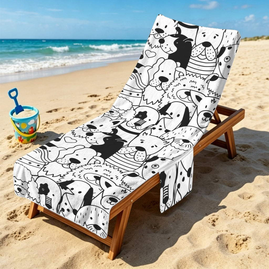 Black And White Dogs Beach Chair Towel Cover with Side Pockets