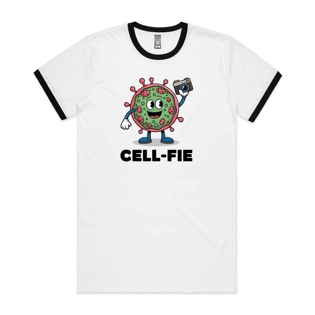Cell-fie Cell Selfie AS Colour Staple Ringer Tee White Black Ringer T-Shirt Printed In Australia Science
