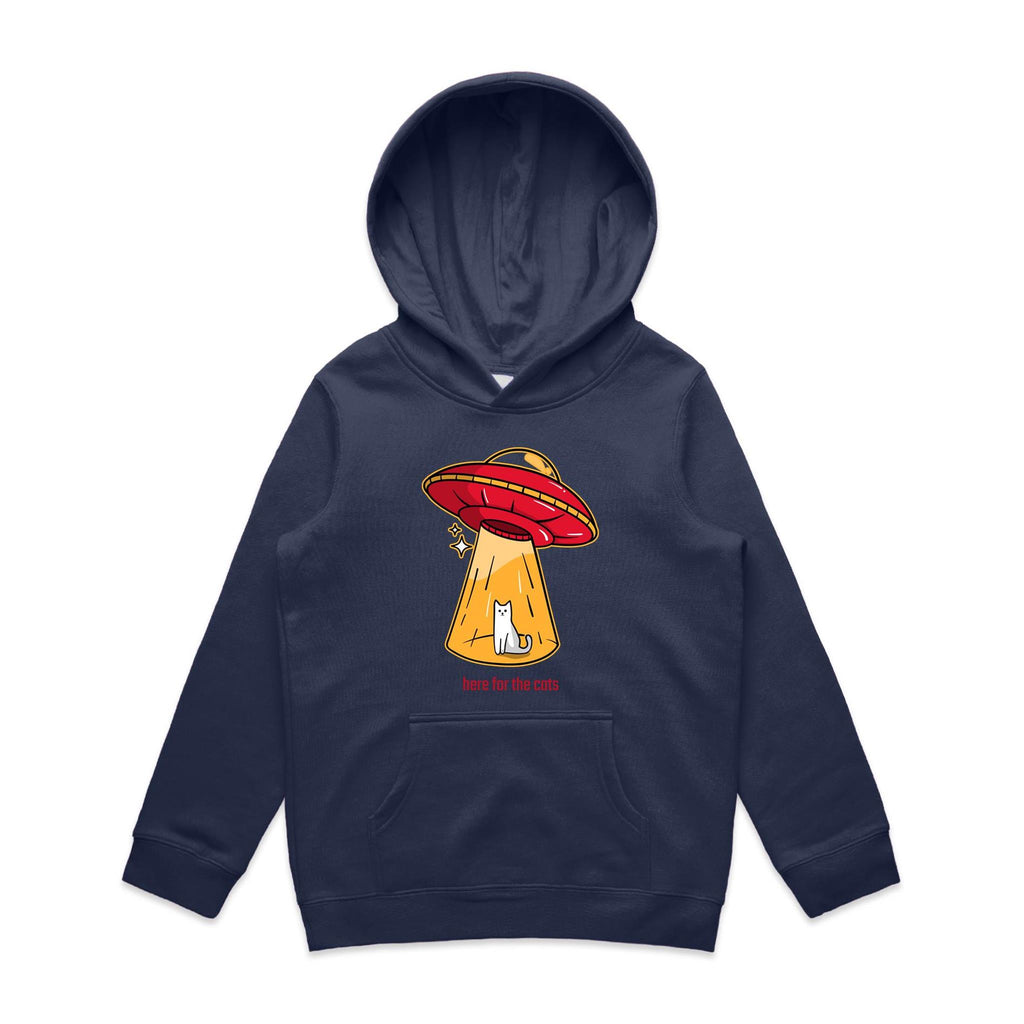 UFO, Here For The Cats - Kids Hoodie Midnight Blue Kids Hoodie Printed In Australia