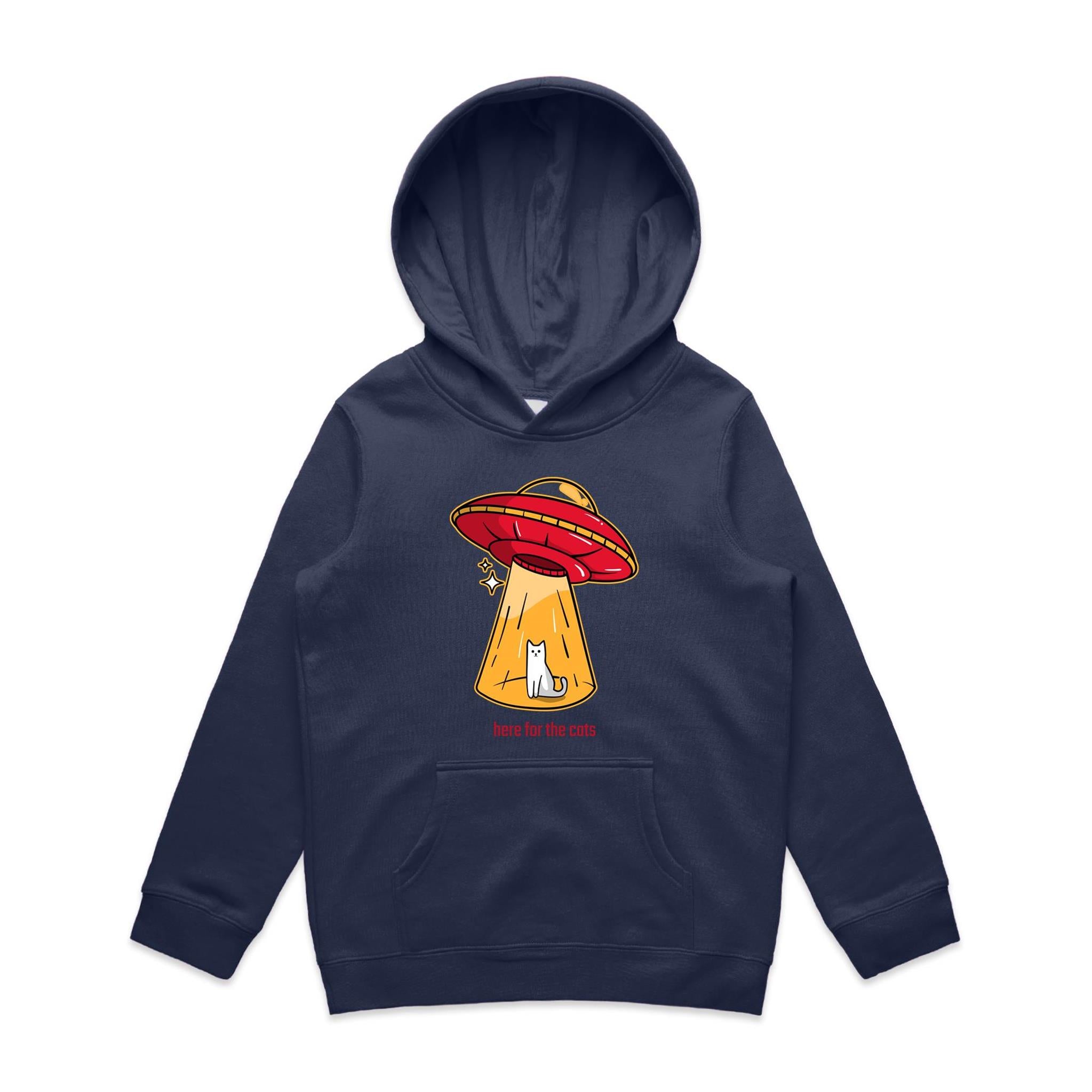UFO, Here For The Cats - Kids Hoodie Midnight Blue Kids Hoodie Printed In Australia