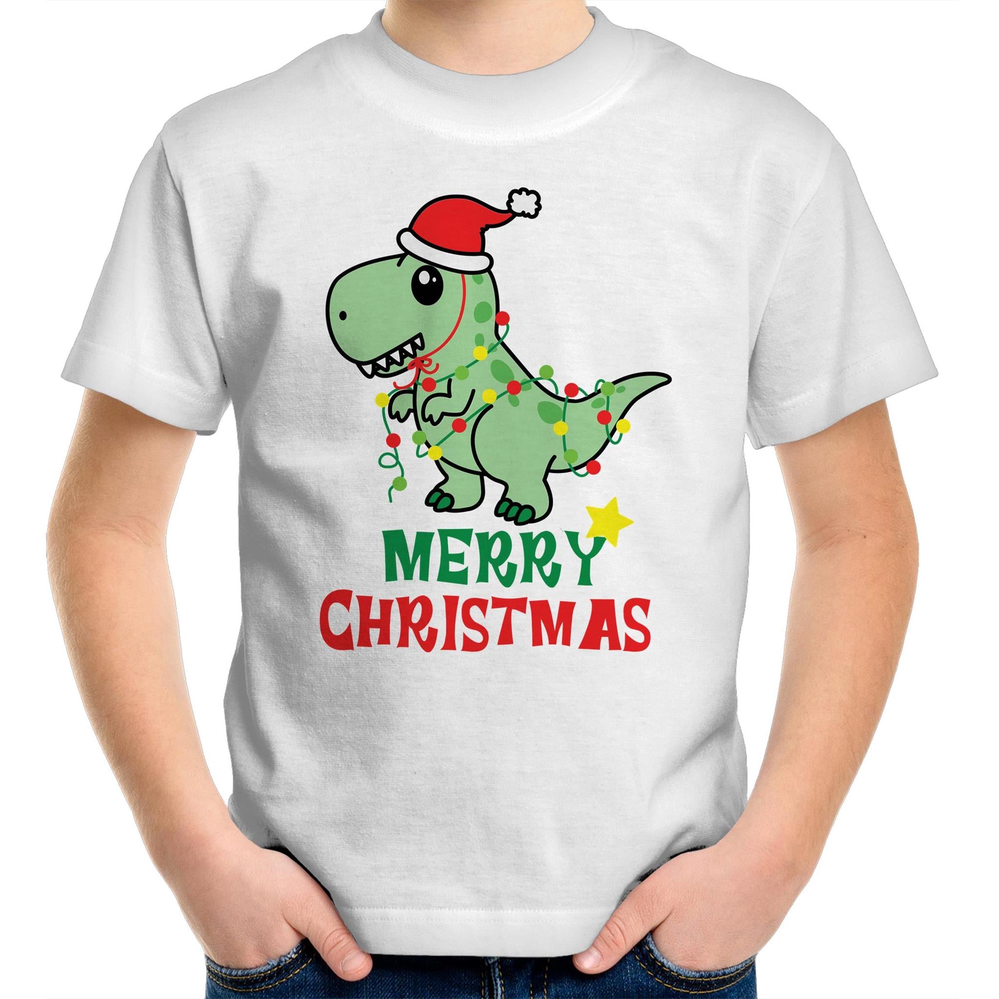Dinosaur Santa, Merry Christmas - Kids Youth T-Shirt White Kids Christmas T-shirt Christmas Printed In Australia