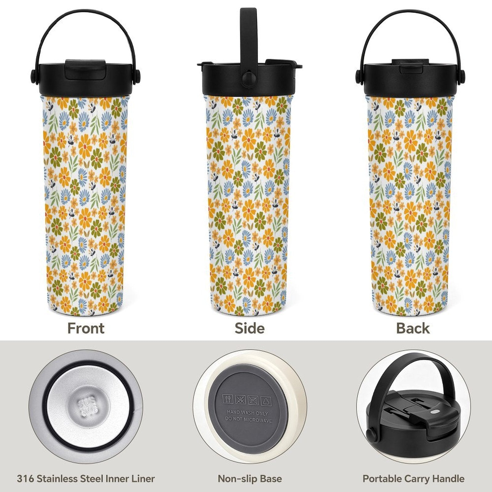 Retro Boho Flower 20oz Tea Tumbler with Carry Handle