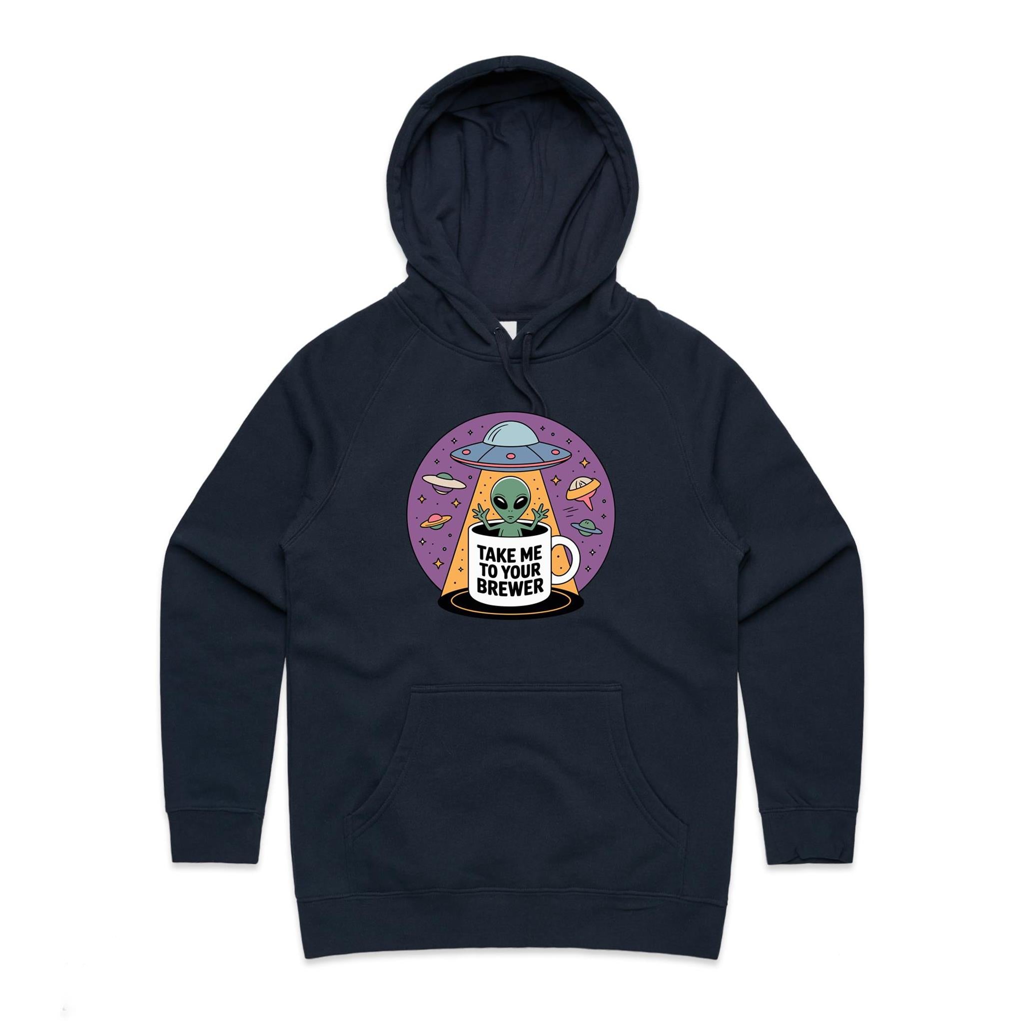 Coffee, Alien, UFO, Take Me To Your Brewer Women's AS Colour Hoodie Navy Womens Hoodie Coffee Printed In Australia Sci Fi