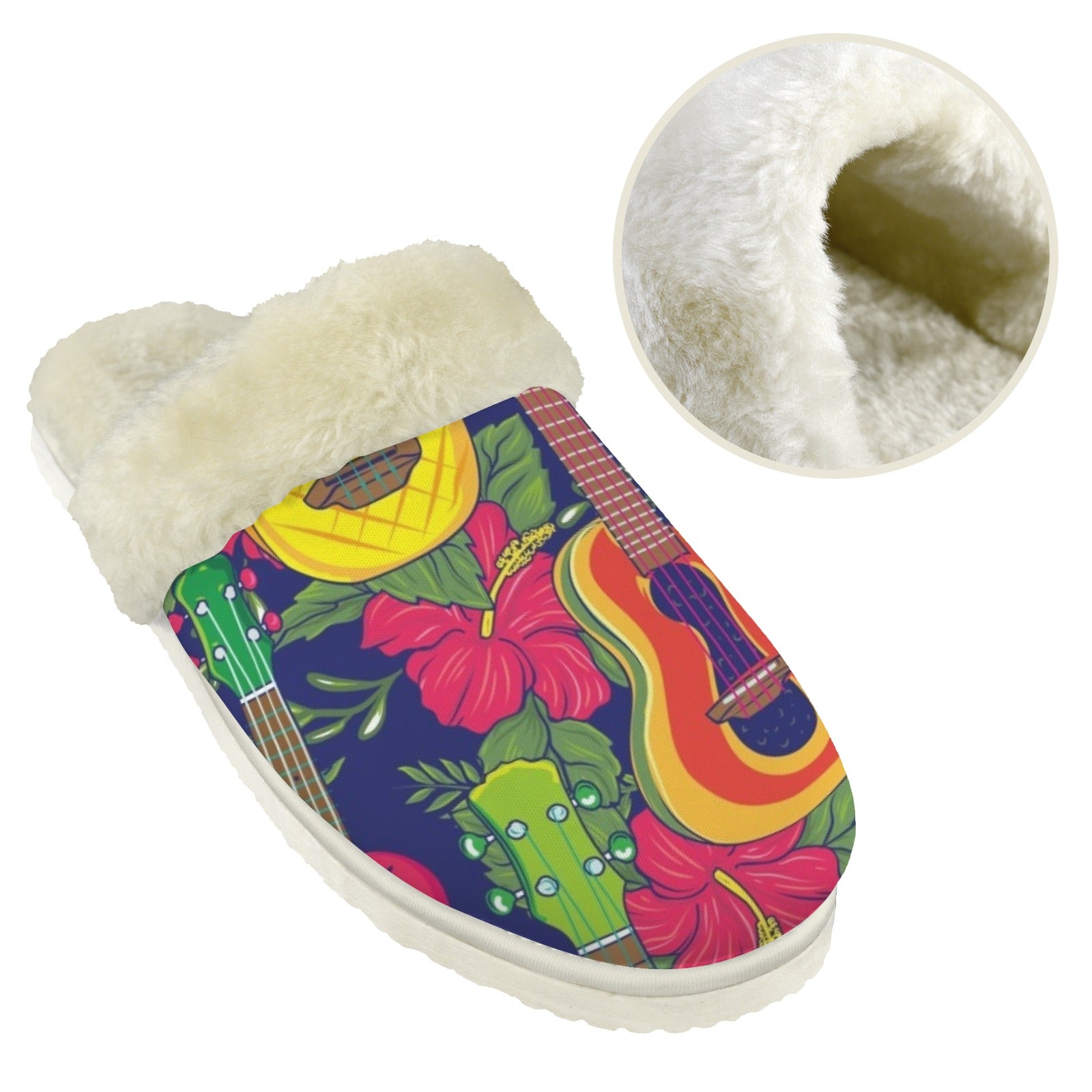 Ukulele Men's Fur Trim Thick-Sole Indoor Slippers Men's Fur Trimmed Slippers Music Printed Offshore
