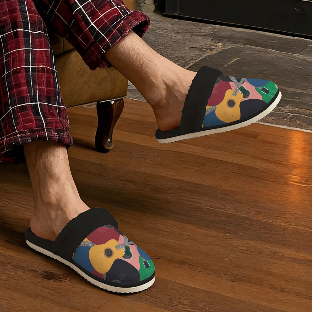 Colourful Guitars Men's Fur Trim Thick-Sole Indoor Slippers Men's Fur Trimmed Slippers Music Printed Offshore