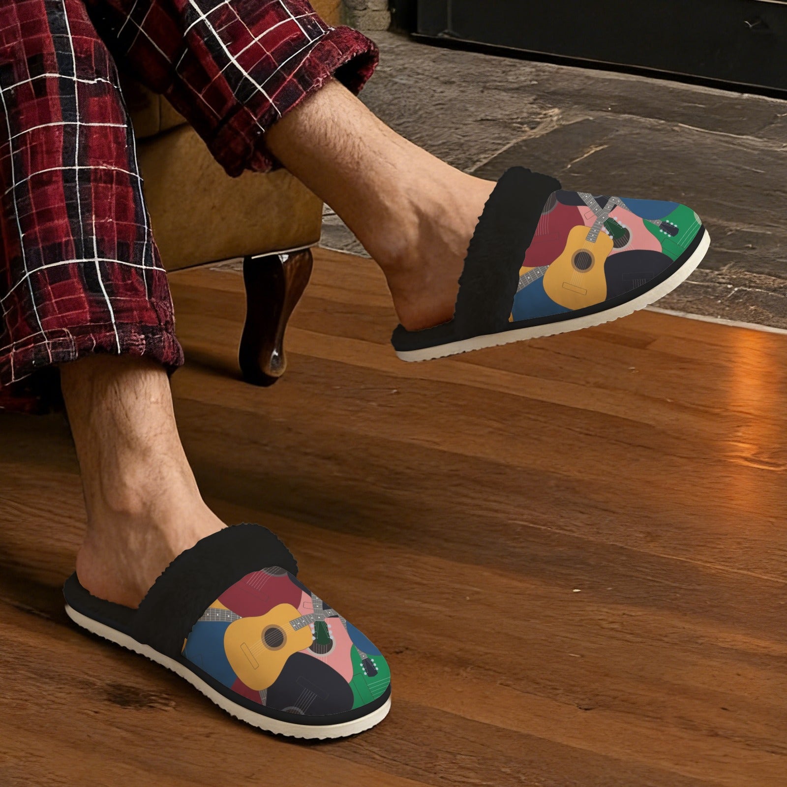 Colourful Guitars Men's Fur Trim Thick-Sole Indoor Slippers Men's Fur Trimmed Slippers Music Printed Offshore