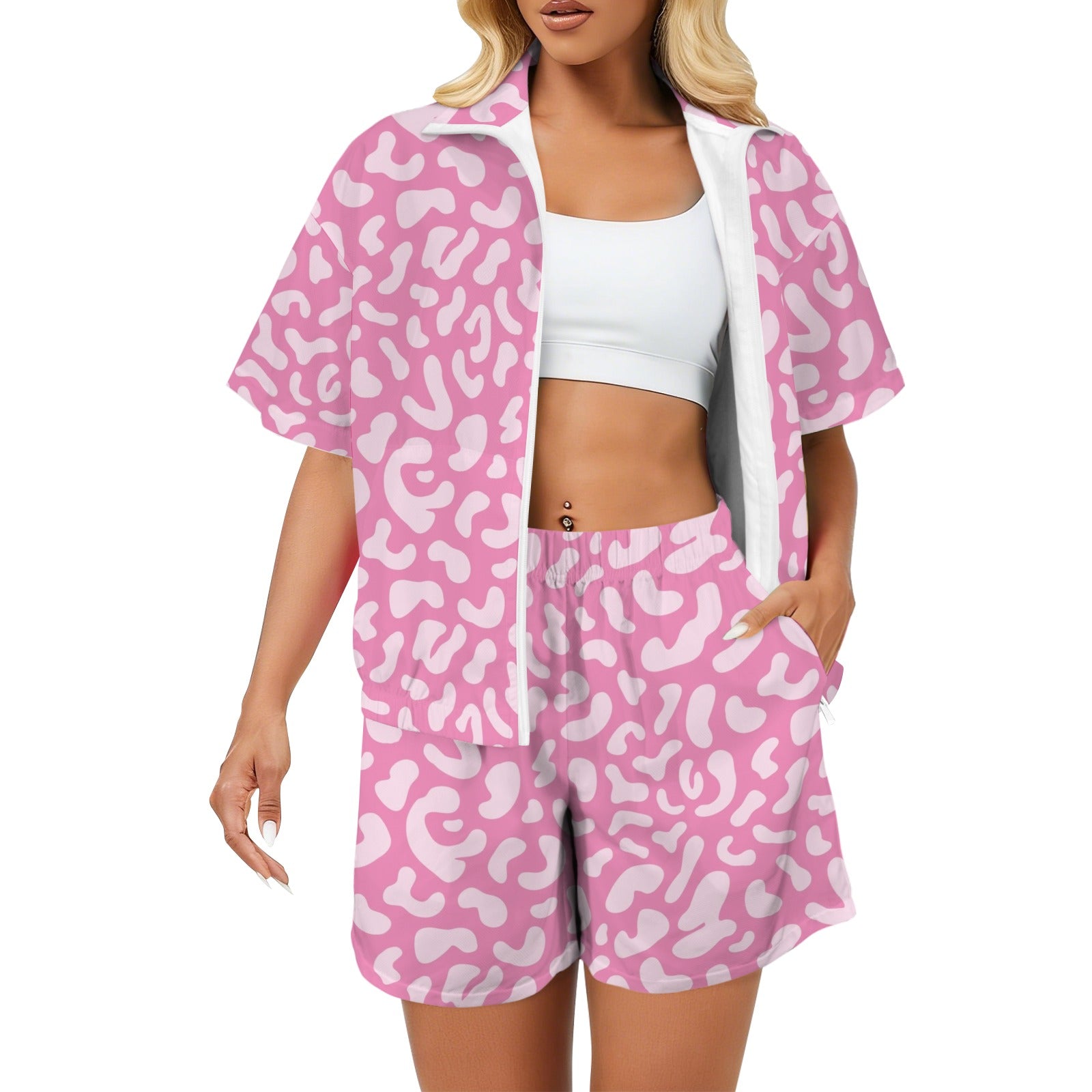 Pink Leopard Women's Windbreaker Short Set 2XL Women's Windbreaker Short Set animal Printed Offshore