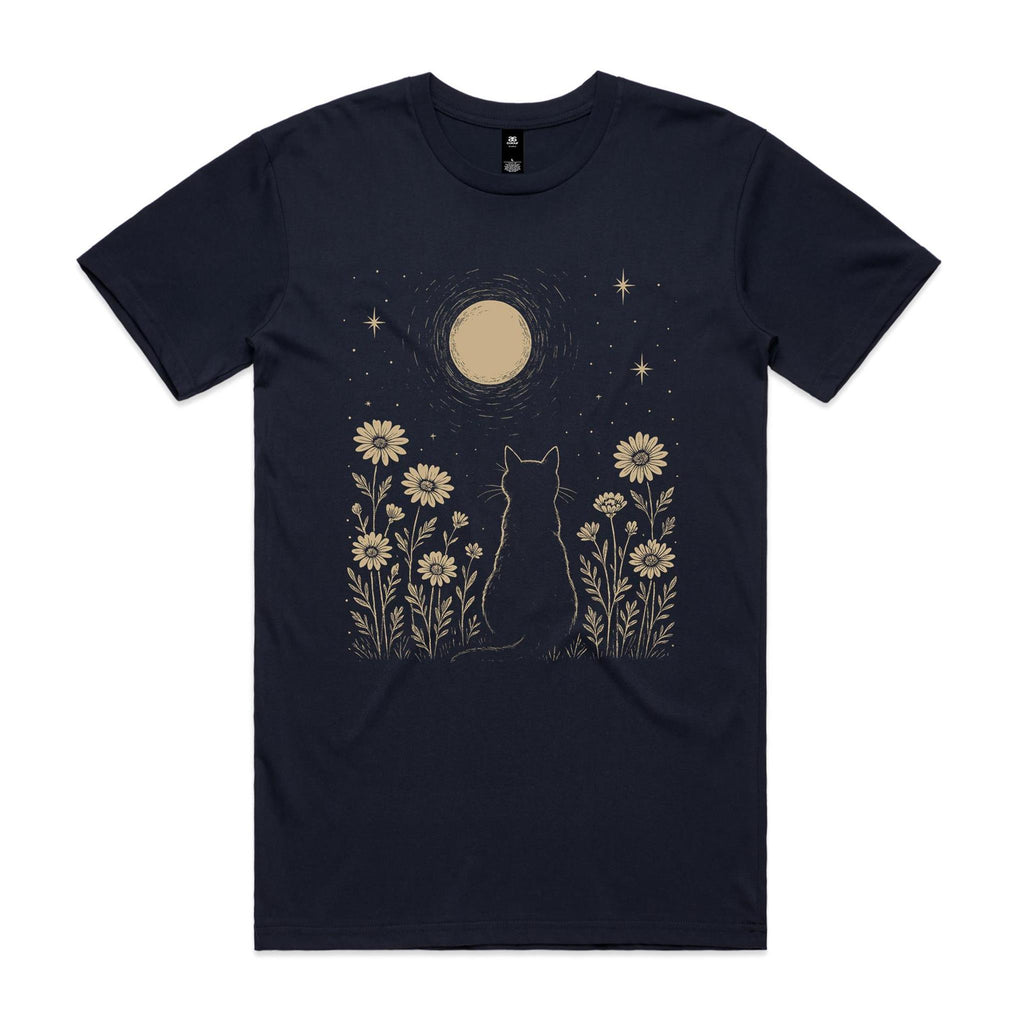 Whimsical Cat And Moon Men's AS Colour T-shirt Navy Mens T-shirt animal Printed In Australia