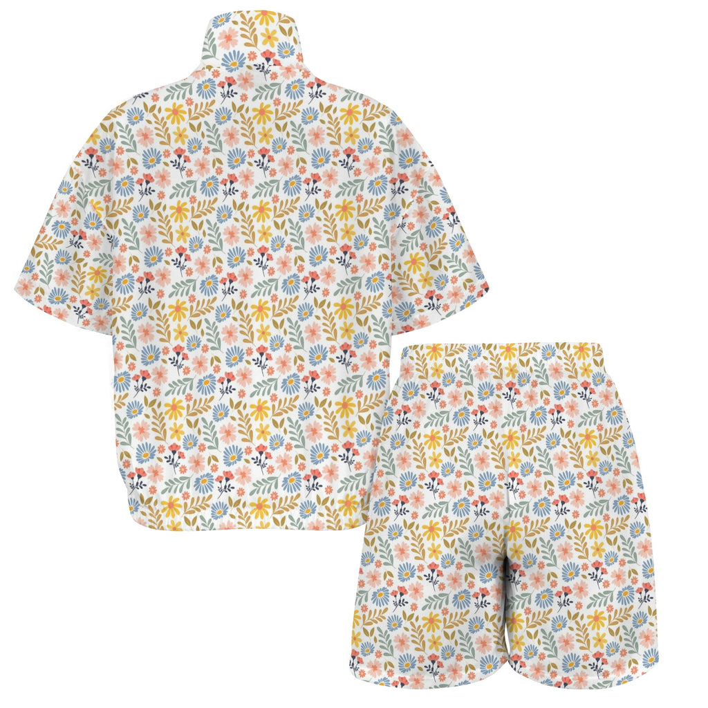 Boho Flowers And Leaves Women's Windbreaker Short Set Women's Windbreaker Short Set Plants Printed Offshore