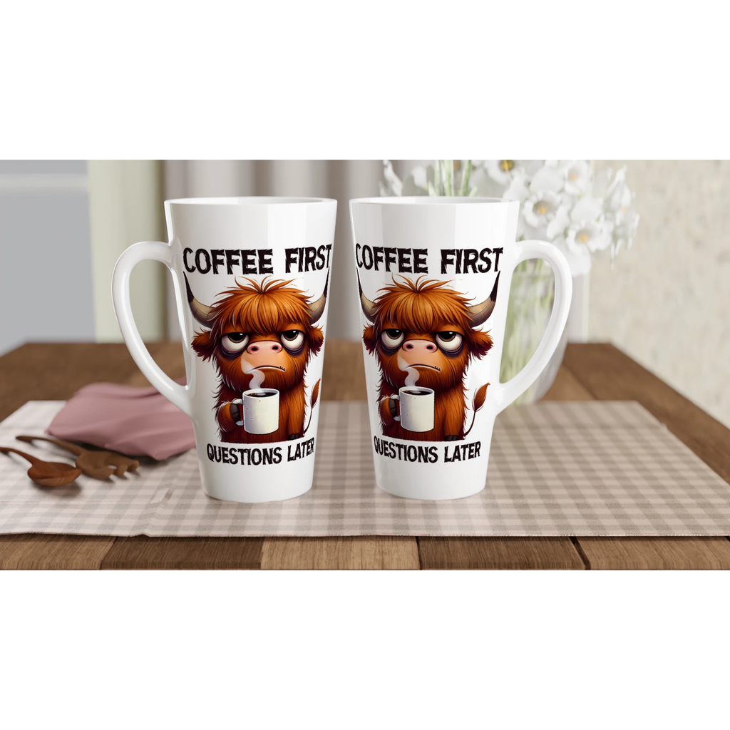 Personalise - Coffee First, Questions Later, Highland Cow - White Latte 17oz Ceramic Mug Personalised Latte Mug animal Coffee Globally Fulfilled