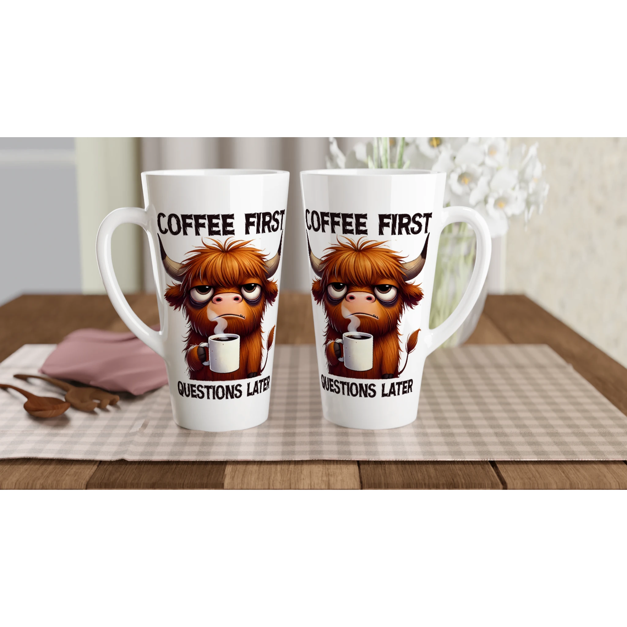 Personalise - Coffee First, Questions Later, Highland Cow - White Latte 17oz Ceramic Mug Personalised Latte Mug animal Coffee Globally Fulfilled