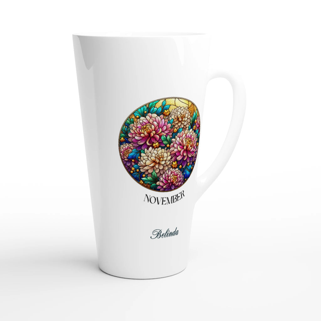 Stained Glass Birth Month Flowers - White Latte 17oz Ceramic Mug Personalised Latte Mug customise Globally Fulfilled Name Plants
