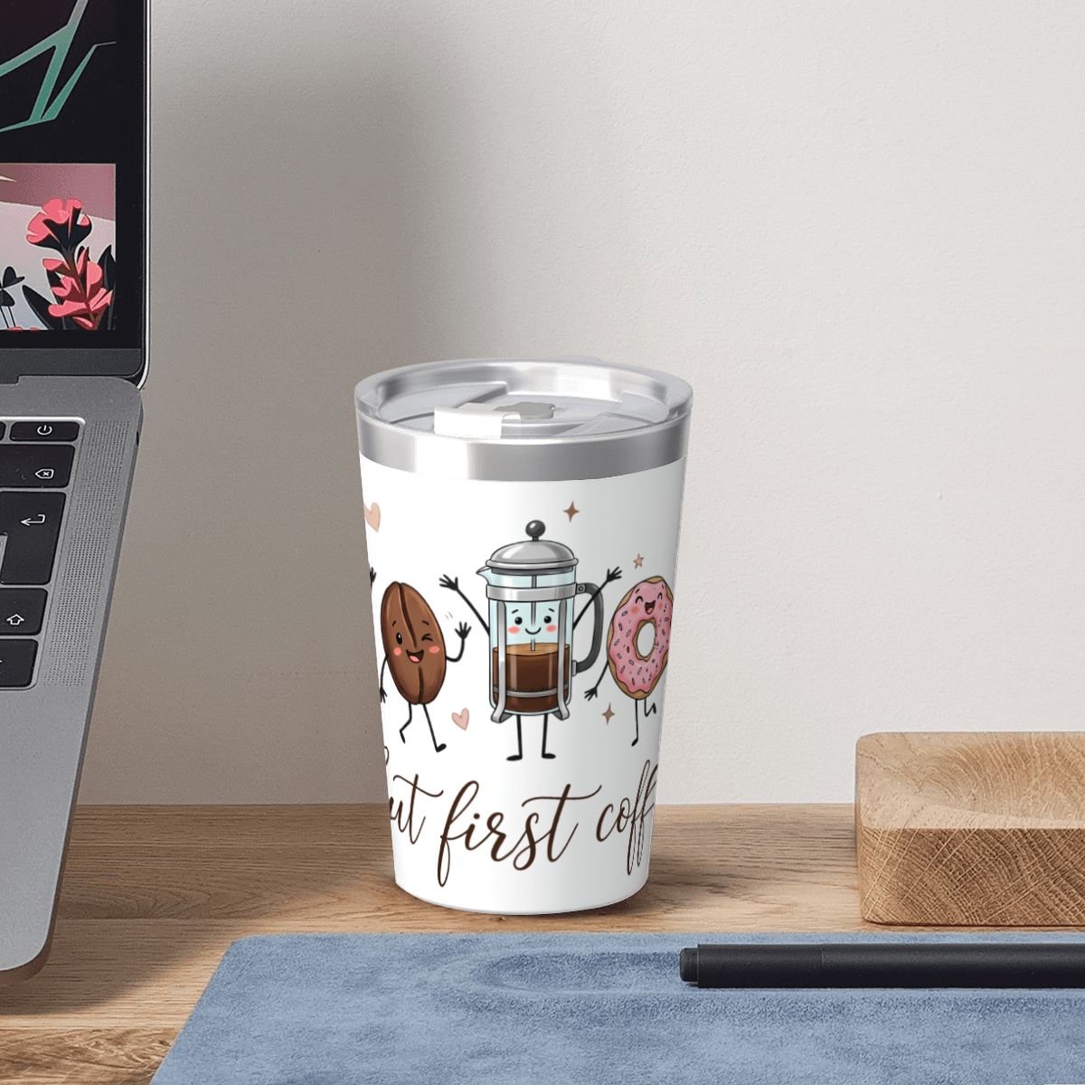 But First Coffee, Cute Characters Small Stainless Steel Travel Mug Cup 12oz/350ml