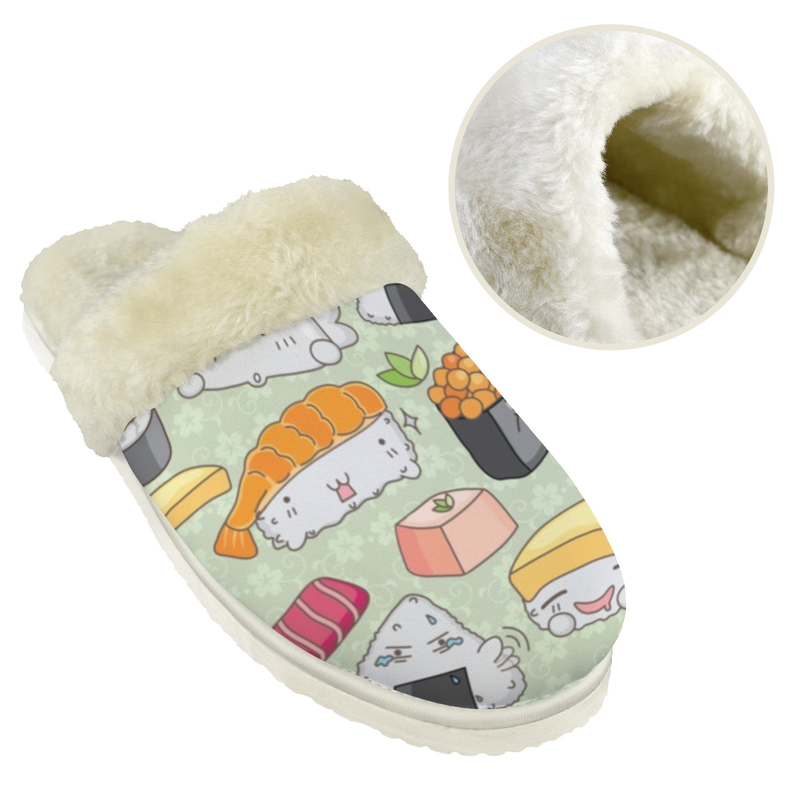 Funny Sushi Men's Fur Trim Thick-Sole Indoor Slippers Men's Fur Trimmed Slippers Food Printed Offshore