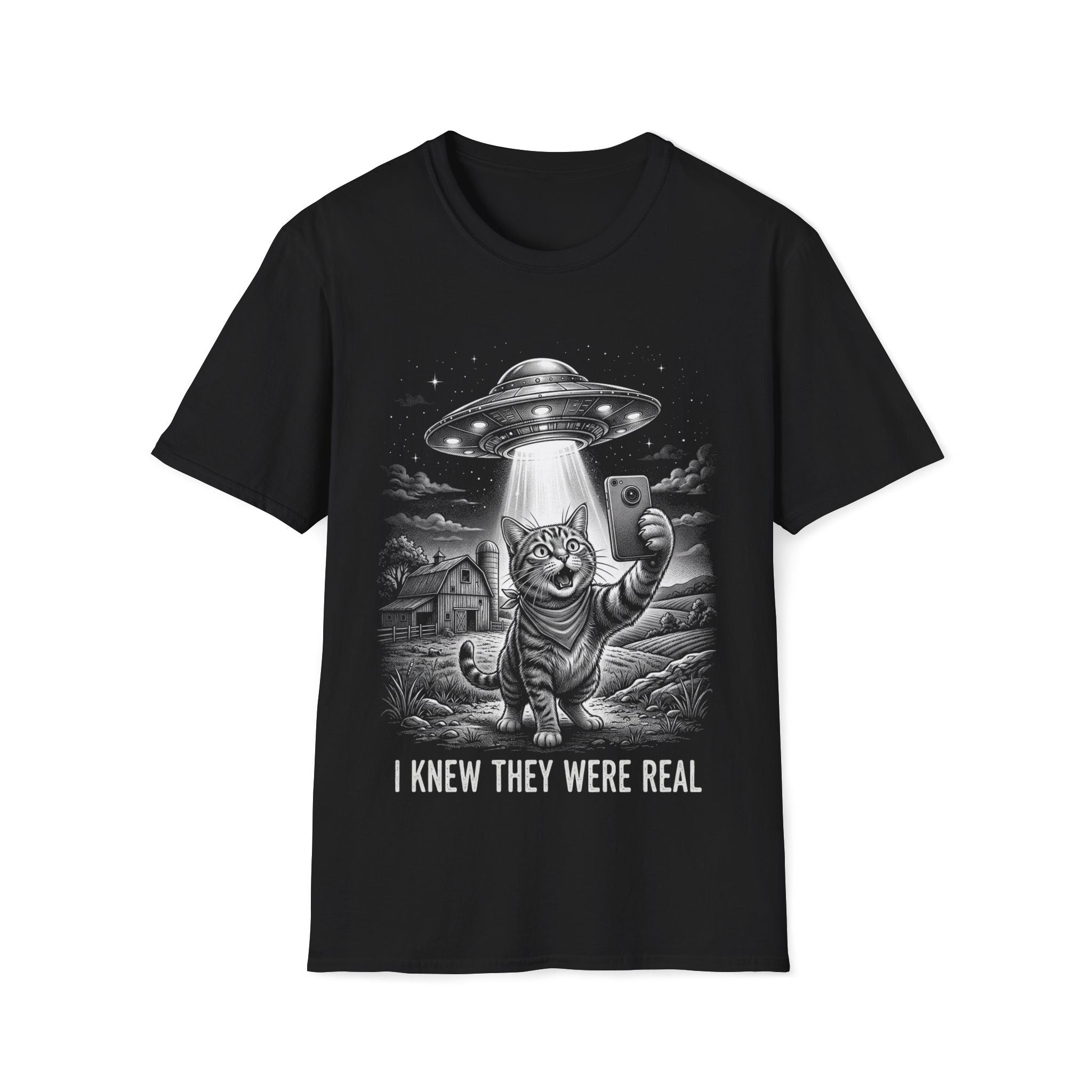 Cat Selfie Under UFO Unisex T-Shirt Black Unisex Adult T-shirt animal Globally Fulfilled Sci Fi