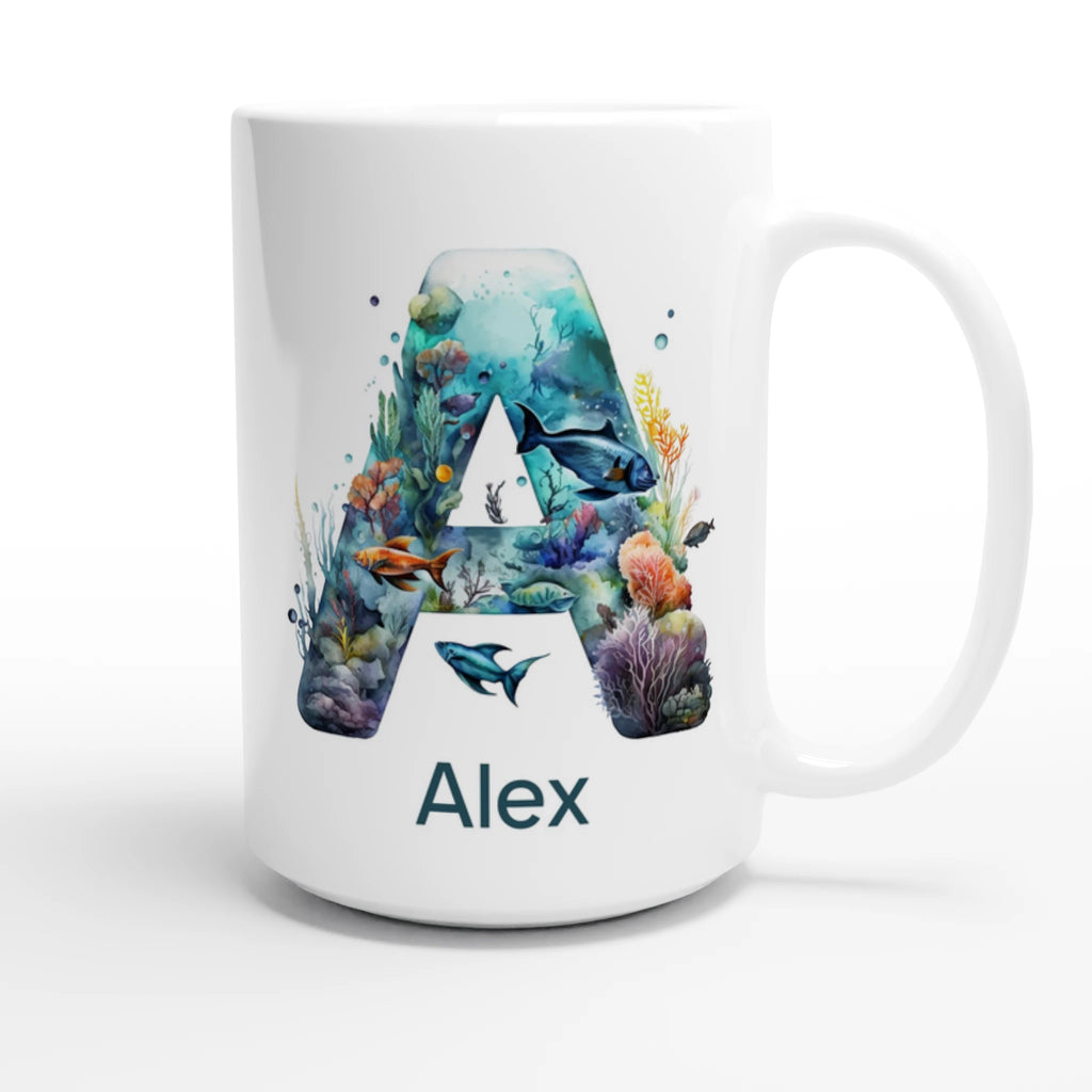 Personalise - Coral Sea Initial - White 15oz Ceramic Mug Personalised 15oz Mug animal customise Globally Fulfilled Initial Name personalise