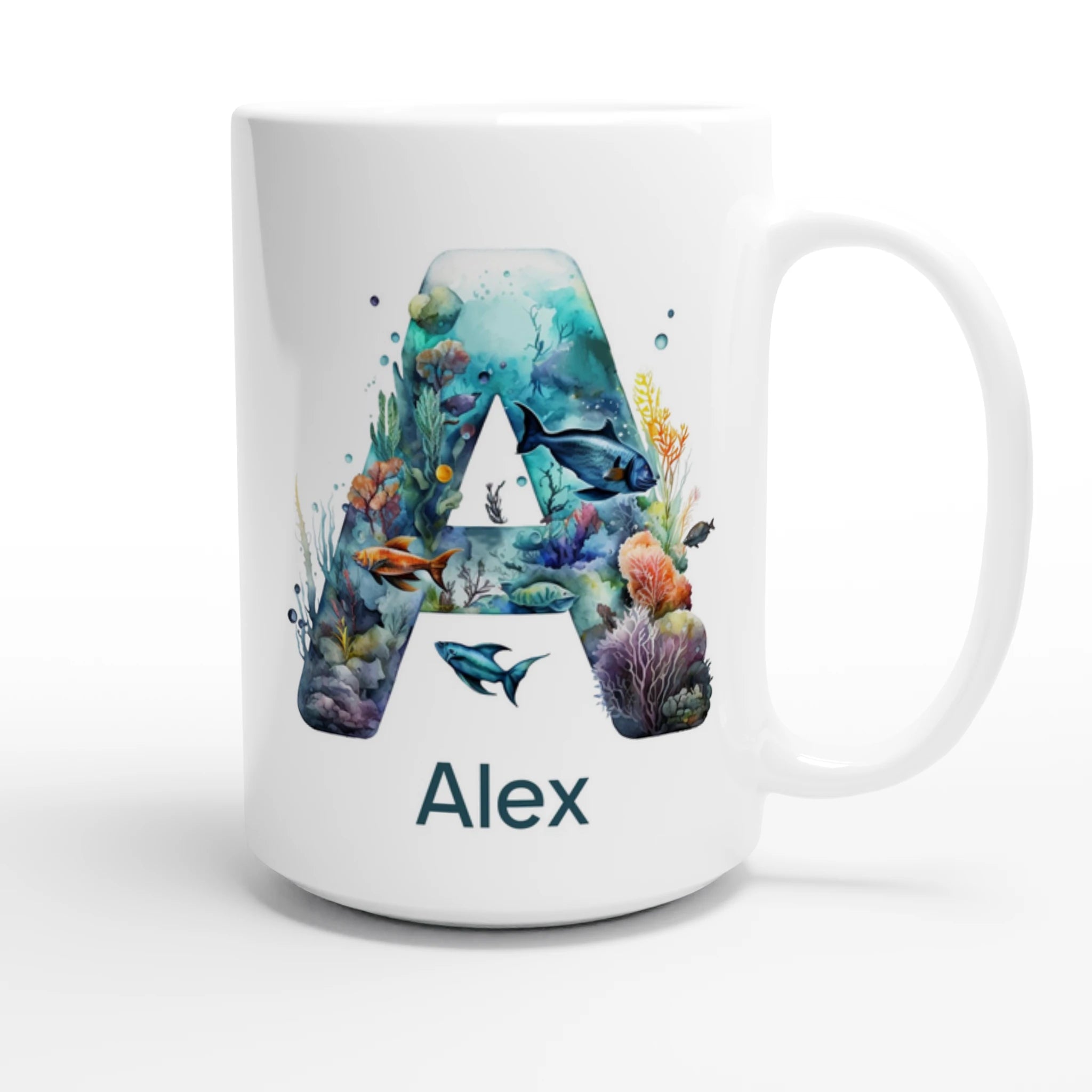 Personalise - Coral Sea Initial - White 15oz Ceramic Mug Personalised 15oz Mug animal customise Globally Fulfilled Initial Name personalise