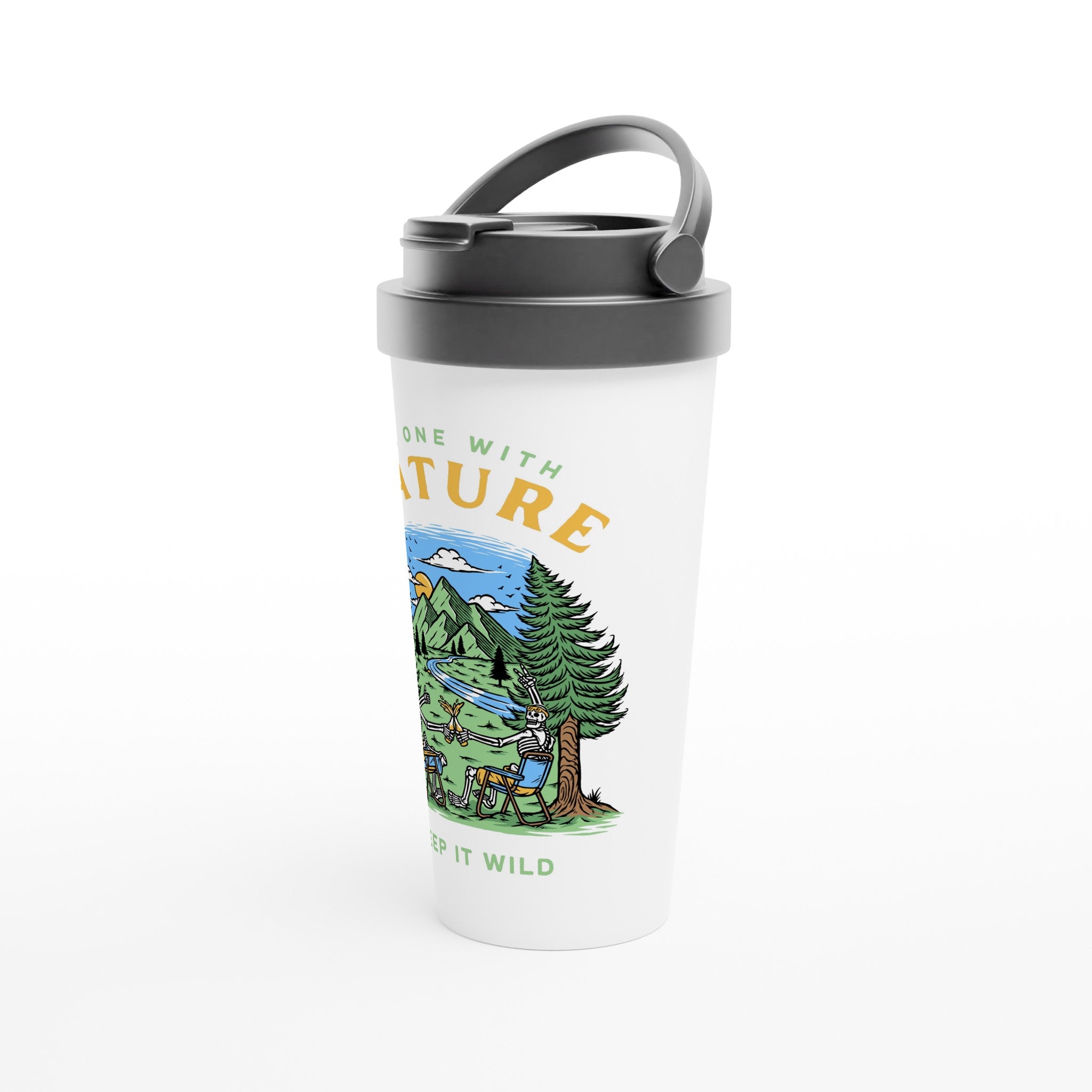 Be One With Nature, Skeleton - White 15oz Stainless Steel Travel Mug Travel Mug Globally Fulfilled Summer
