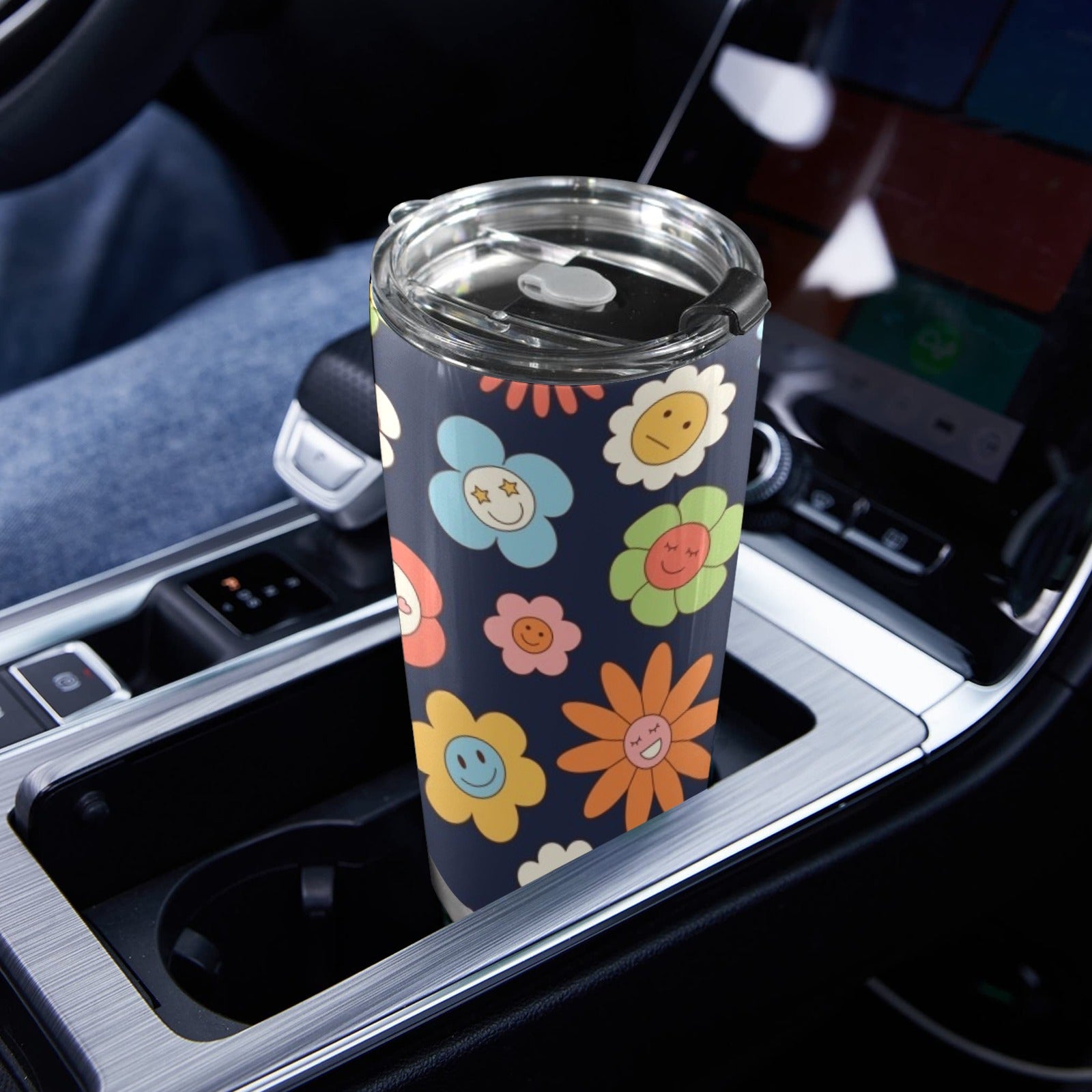 Groovy Flowers 20oz Mobile Tumbler with Lid (Black Lock) 20oz Travel Mug Plants Printed Offshore Retro