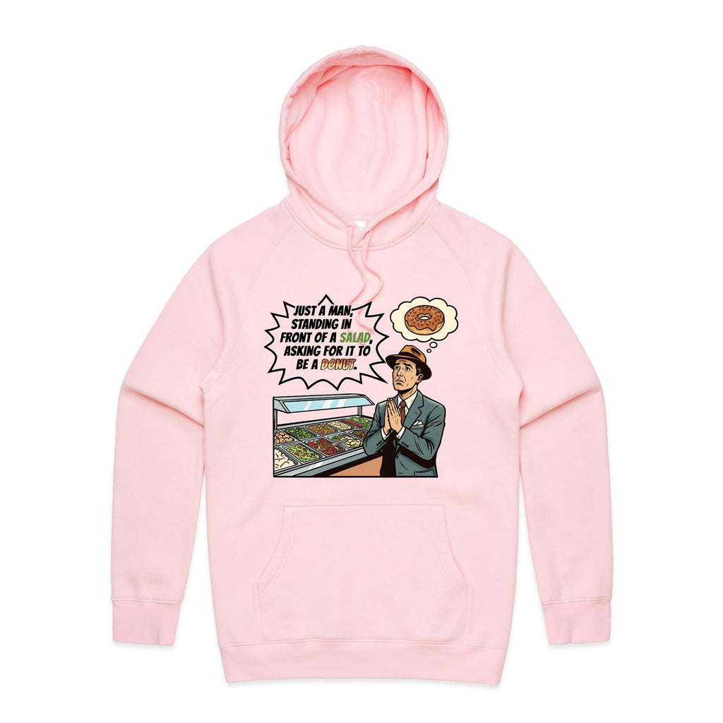 Just A Man Standing In Front Of A Salad Men's AS Colour Hoodie Pink Mens Hoodie Food Printed In Australia